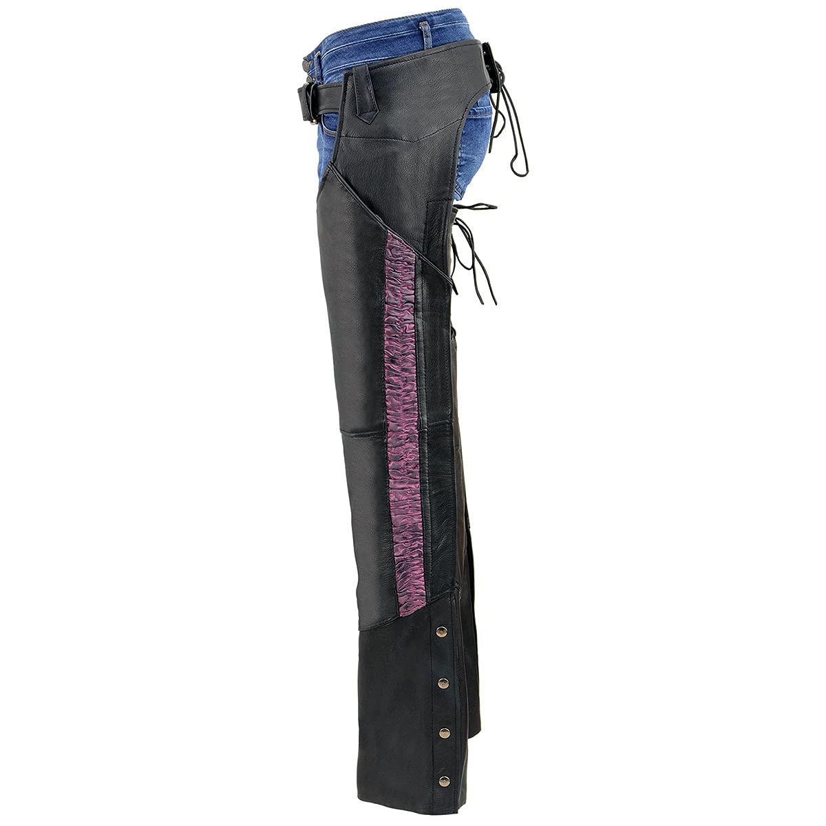 Milwaukee MLL6501 Women's Black Lightweight Goat Skin Motorcycle Chaps with Crinkled Stripes & Reflective Design - Perfect for Riding, Biker Events & Outdoor Adventures