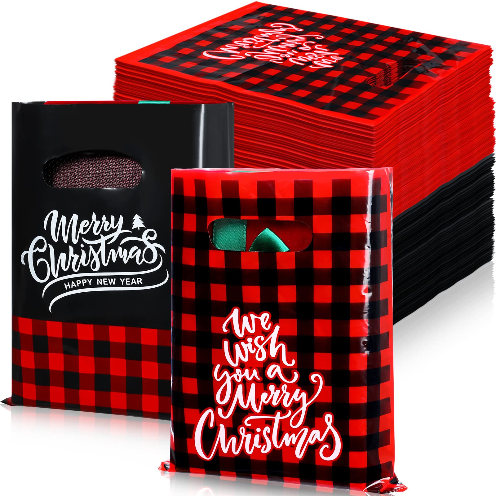 100 Pack Christmas Plastic Gift Bags Bulk - 10