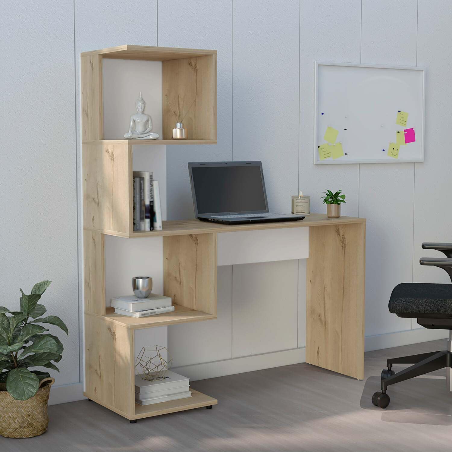 Deluxe Oak and White Wooden Desk with LED Light - Modern Home Office Furniture for Study, Work, and Gaming