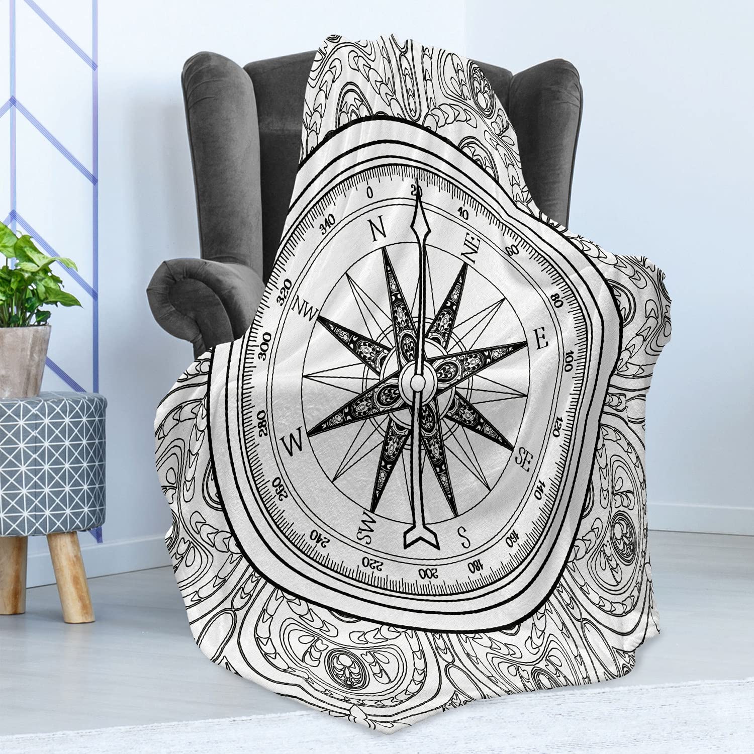 Ambesonne Compass Throw Blanket - Hand Drawn Windrose Nautical Design, Soft Flannel Fleece Accent Blanket for Couch, Bed & Sofa (50x60 Inches, Black & White) - Perfect for Coastal Decor, Living Room Accent & Gift Giving