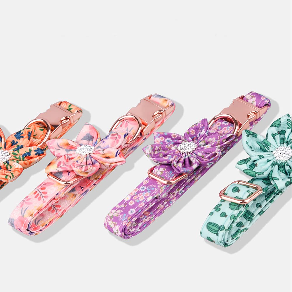 Floral Pattern Puppy Collar with Rhinestones - Adjustable Cute Dog Collar for Small Medium Large Dogs - Perfect for Daily Walks, Pet Photos & Special Occasions