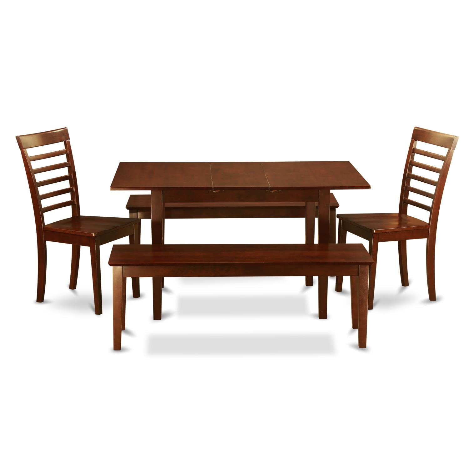 East West Furniture 5-Piece Dining Table Set for 4 - 32x54 Inch Mahogany Rectangle Kitchen Table with Butterfly Leaf, 2 Chairs & 2 Benches - Perfect for Small Spaces, Breakfast Nooks & Cozy Family Meals