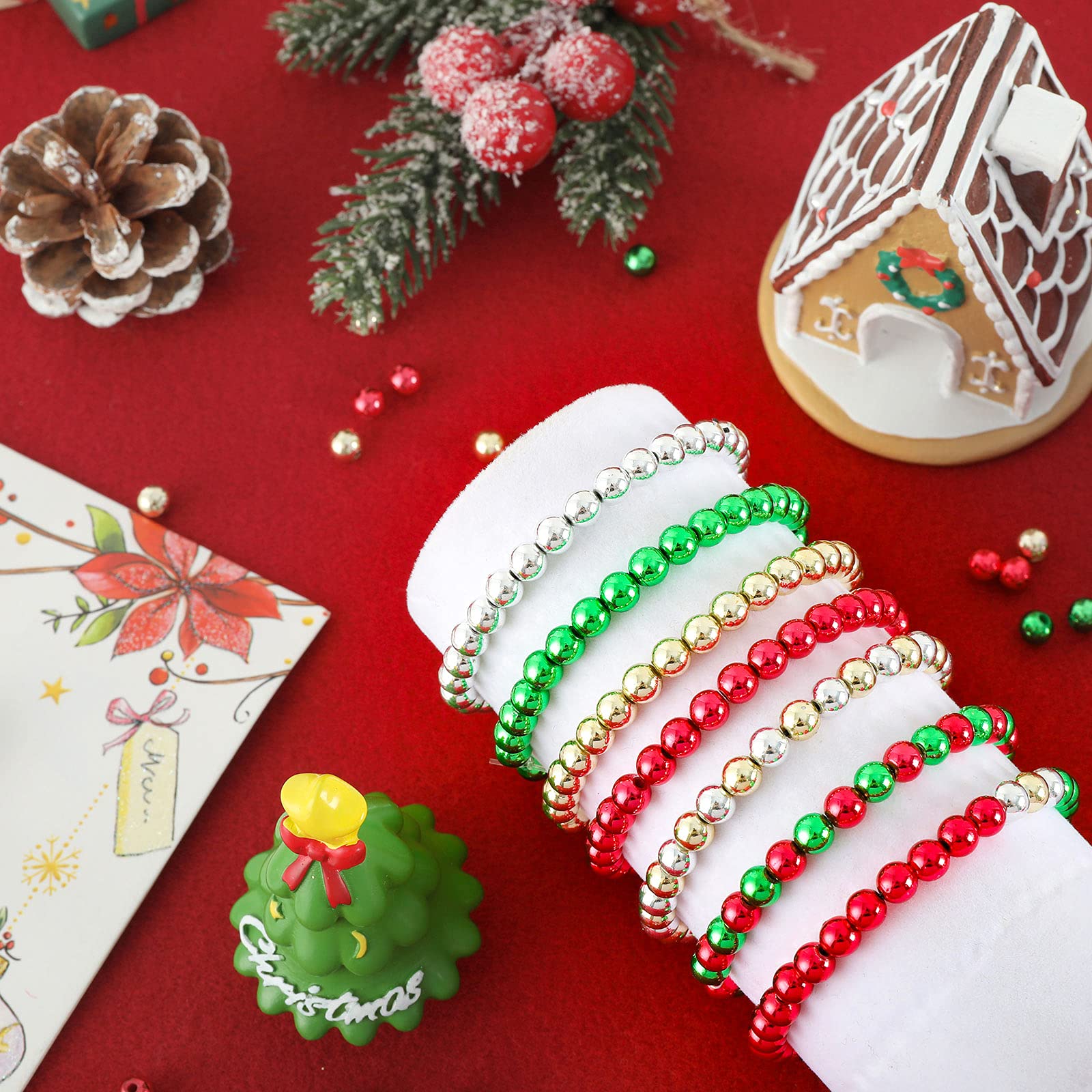 Whaline 1200PCs Christmas Beads - Metallic Round Pony Beads with Elastic String for Jewelry Making (Red, Green, Silver, Gold) - DIY Craft Beads for Necklace, Bracelet & Home Ornaments - Perfect for Holiday Decorations & Gift Making