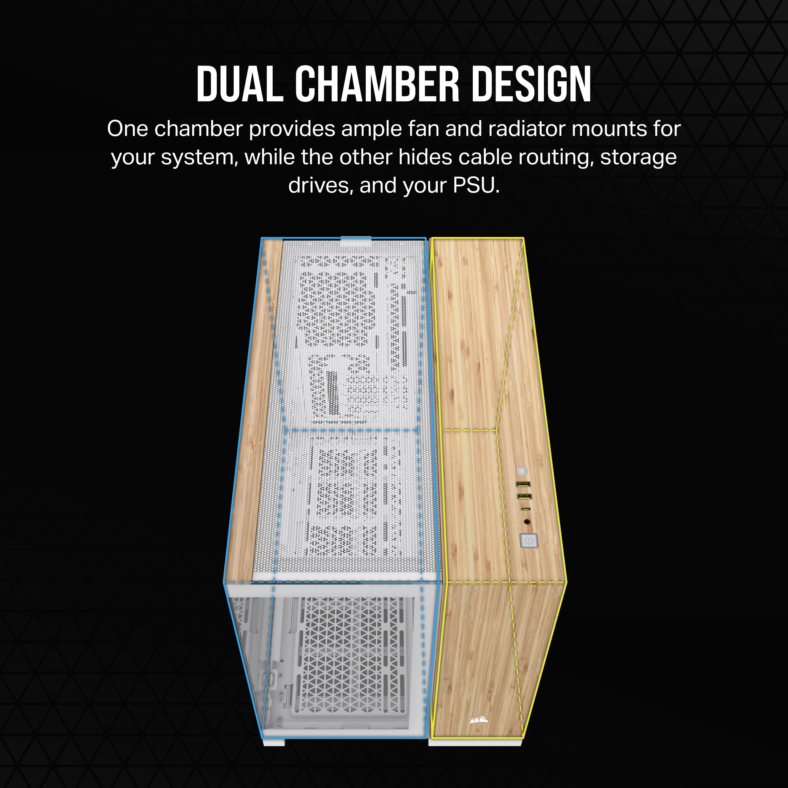 CORSAIR 2500X mATX PC Case - Dual Chamber Design, Panoramic Tempered Glass, Reverse Motherboard Compatibility - White/Bamboo Wood - Perfect for Compact Gaming Rigs & Home Office Setups