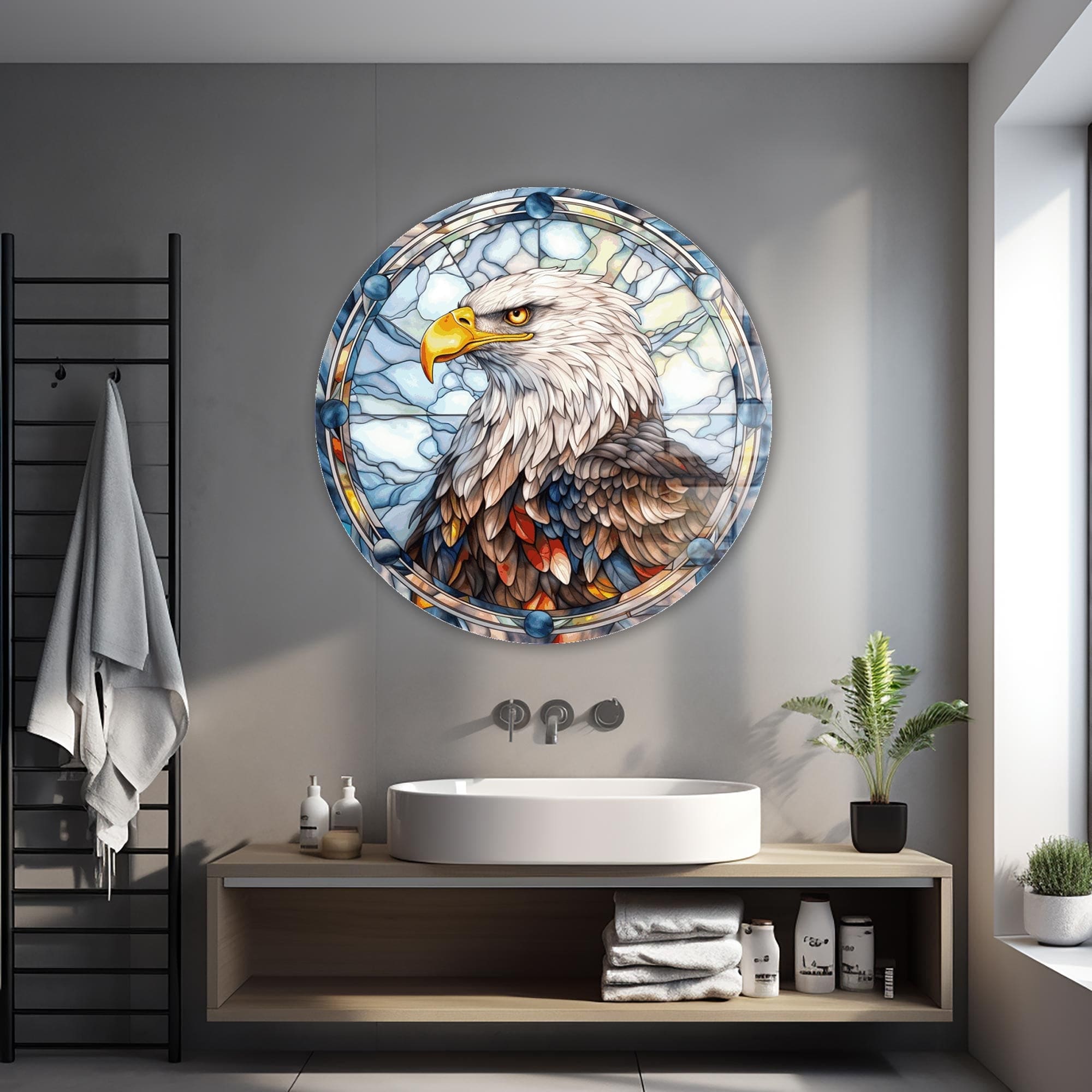 Stained Eagle II Rounded Glass Wall Art - Handcrafted Modern Home Decor for Living Room, Bedroom & Office