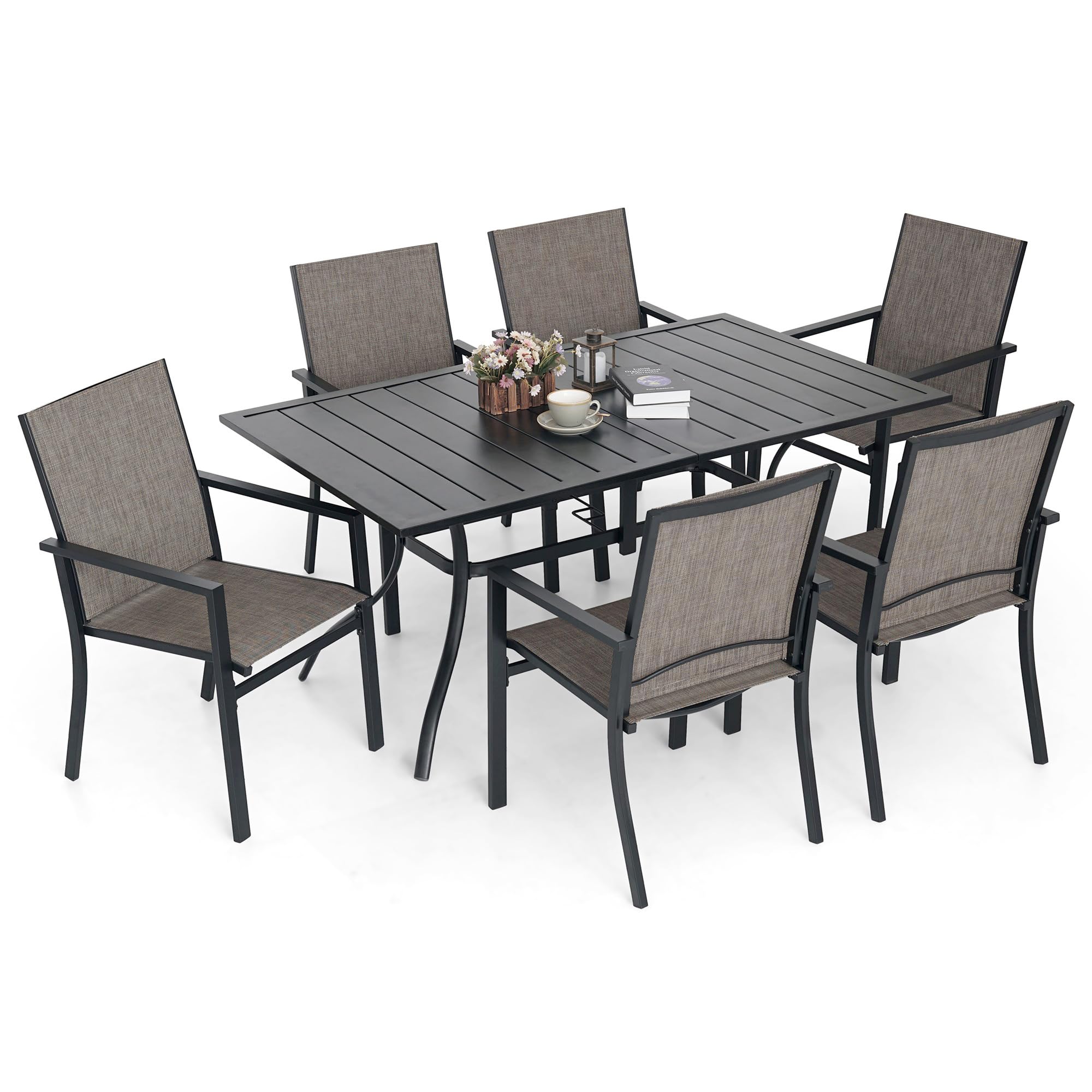 7-Piece Outdoor Patio Dining Set with 6 Textilene Chairs & Rectangular Table - Light Tan/Grey - Perfect for Backyard, Front Porch, Pool Deck & Garden Entertaining
