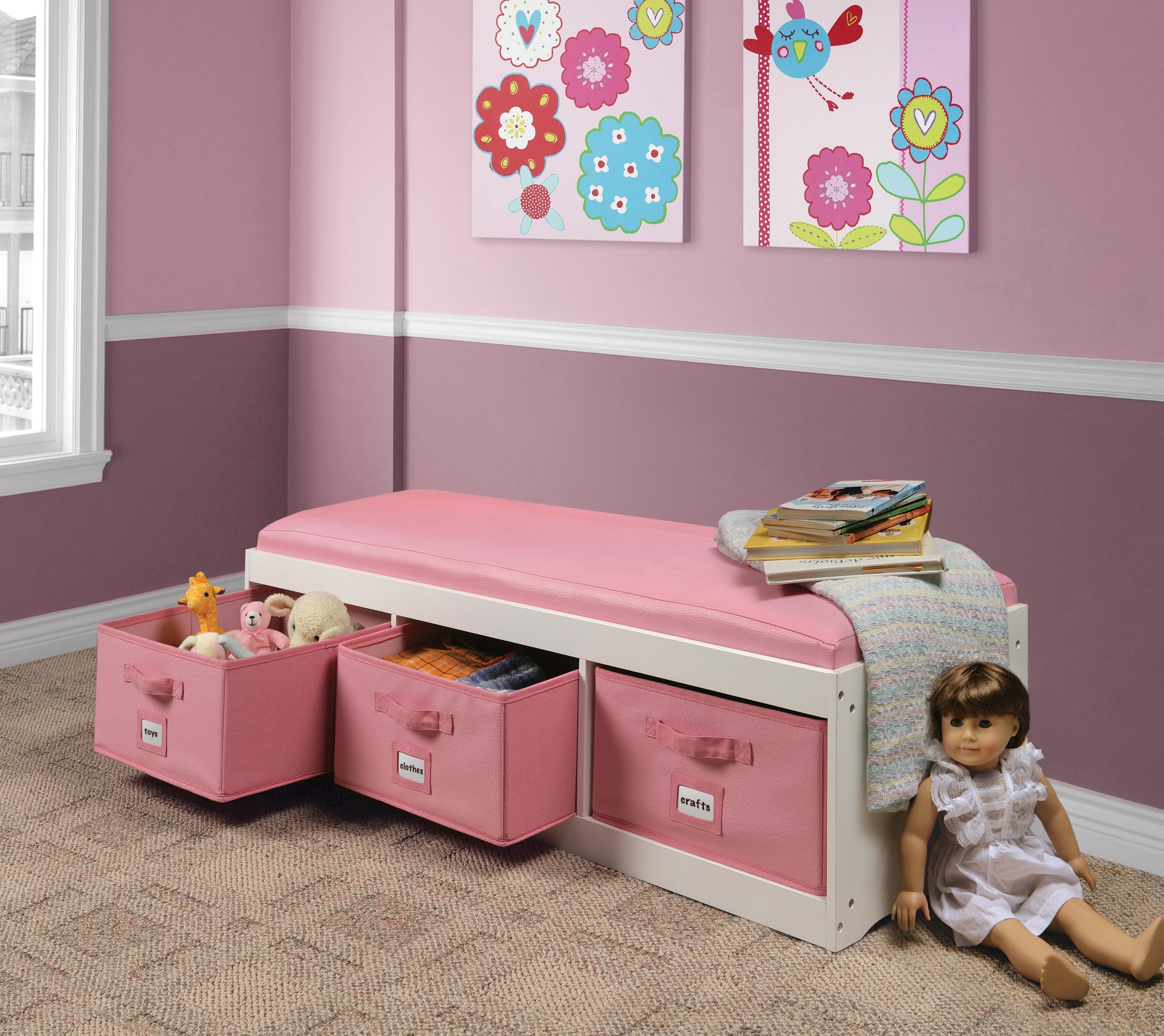Badger Basket Kids’ Storage Bench with Cushion & 3 Bins - White & Pink, Durable Comfortable Seating for Bedroom, Playroom & Nursery Organization