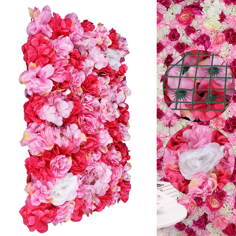 12 Pieces Artificial Silk Flower Wall Panels - Pink Romantic Roses Backdrop for Wedding, Party, Photo Booth & Home Decoration | Hanging Floral Wall Decor for Venue, Main Road & Event Backgrounds