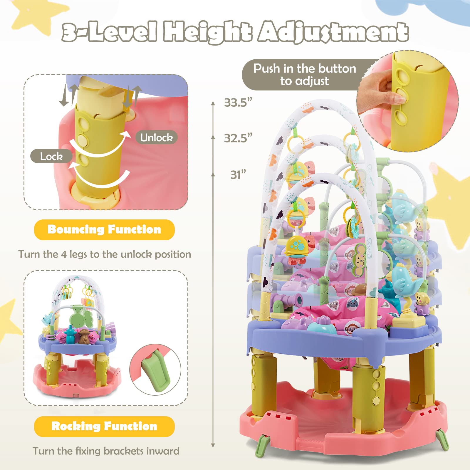 HOMGX 3-in-1 Baby Bouncer Activity Center with Adjustable Height & 360° Rotating Seat - Infant Jumper, Play Mat & Activity Table with Toys - Pink Exersaucer for Toddlers - Perfect for Playtime, Learning & Development at Home