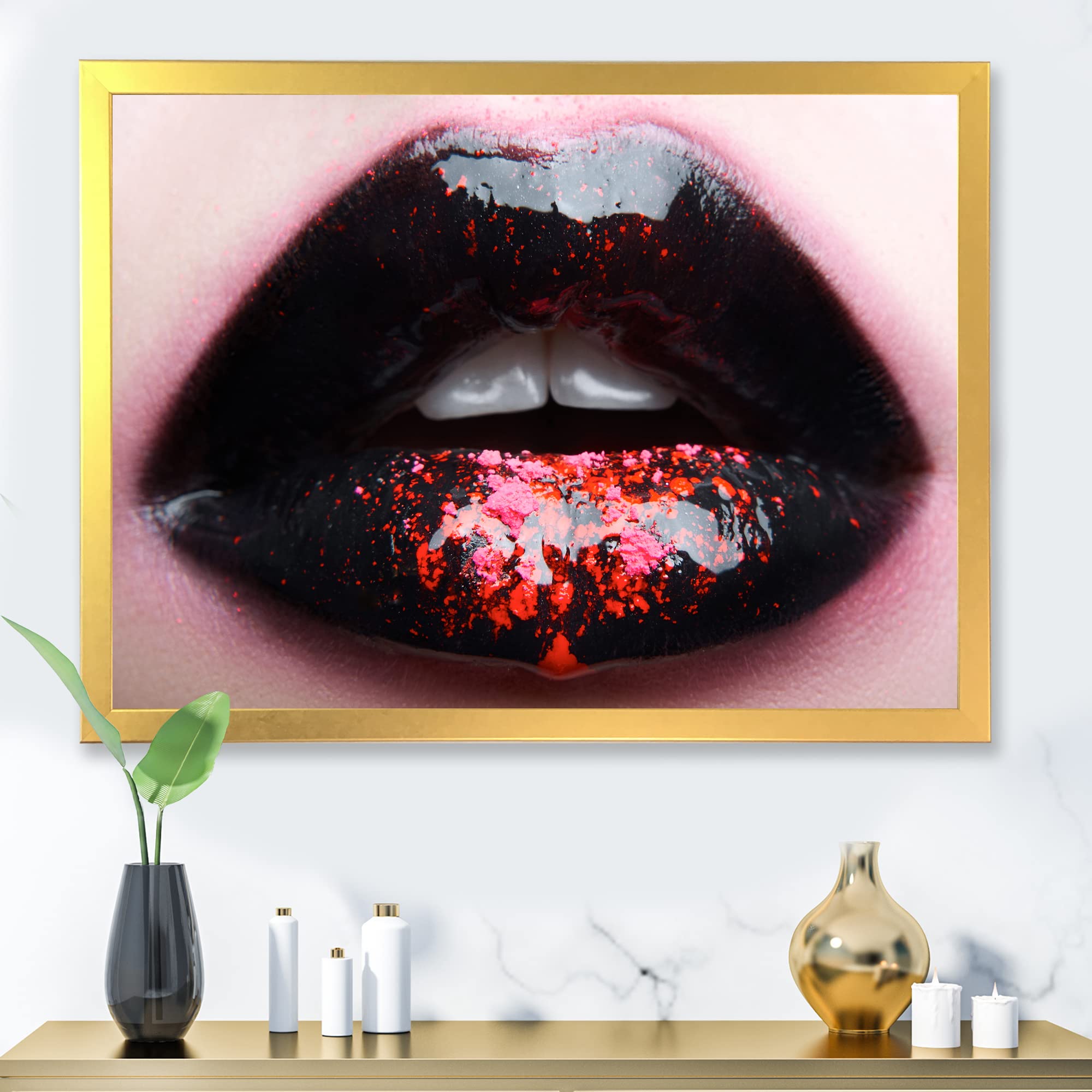 DesignQ Plump Woman Lips Black & Pink Modern Framed Wall Art - Contemporary Home Decor for Living Room, Bedroom & Office