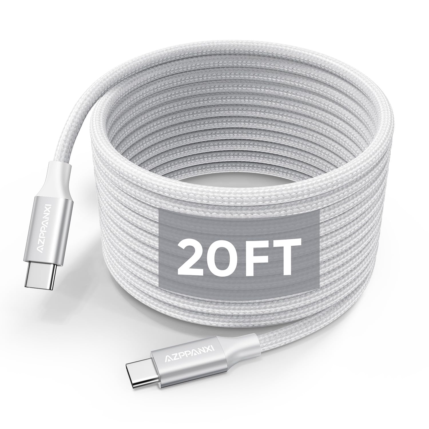 20Ft USB C Cable White - 60W Fast Charging USB C to USB C Cable, Extra Long Nylon Braided Type C Charger for iPhone 16/15, iPad Pro, MacBook Pro/Air, Pixel, Samsung Galaxy, Nintendo Switch - Perfect for Home, Office, and Travel Charging
