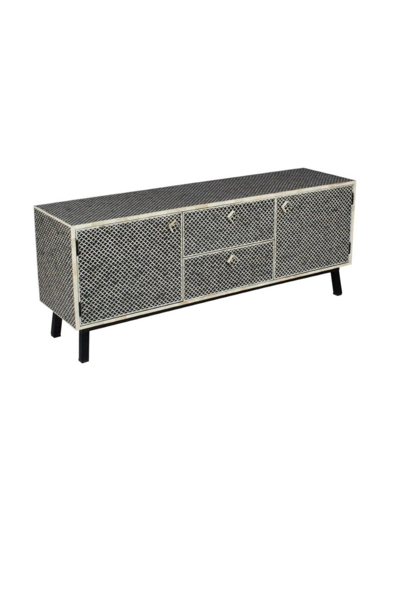 Handmade Bone Inlay Media Console TV Stand - Vintage Boho Entertainment Unit for Living Room, Bedroom & Home Theater