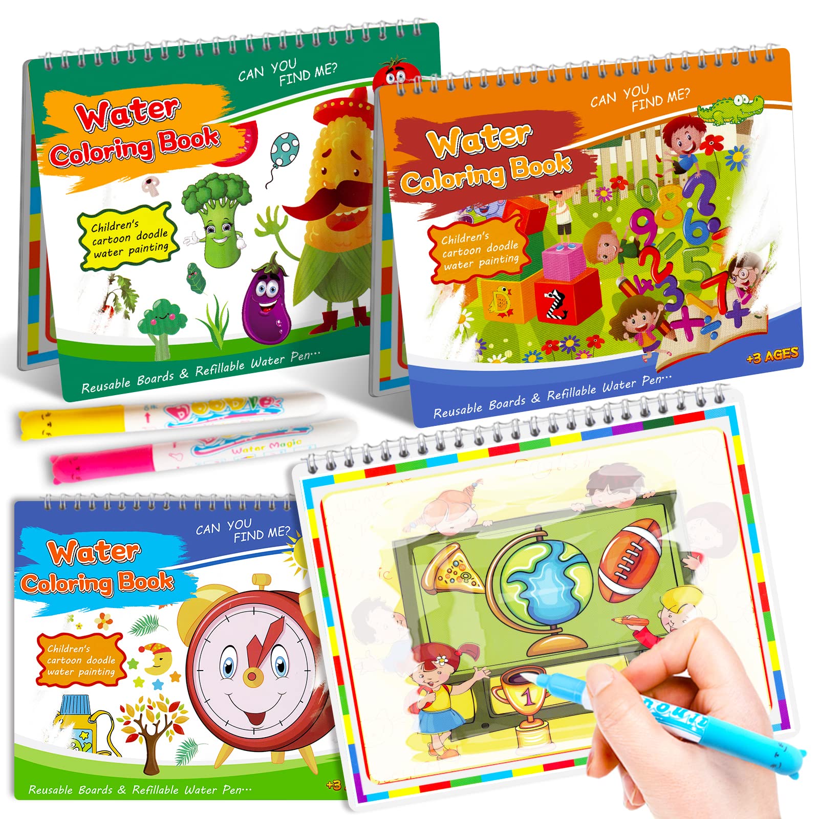 **Best Water Coloring Books for Toddlers 3-5 Years - 3 Pack Reusable Water Doodle & Paint with Water Books - Educational Travel Toys for Kids - Fun Learning Activity for Home, Car & Airplane Trips**