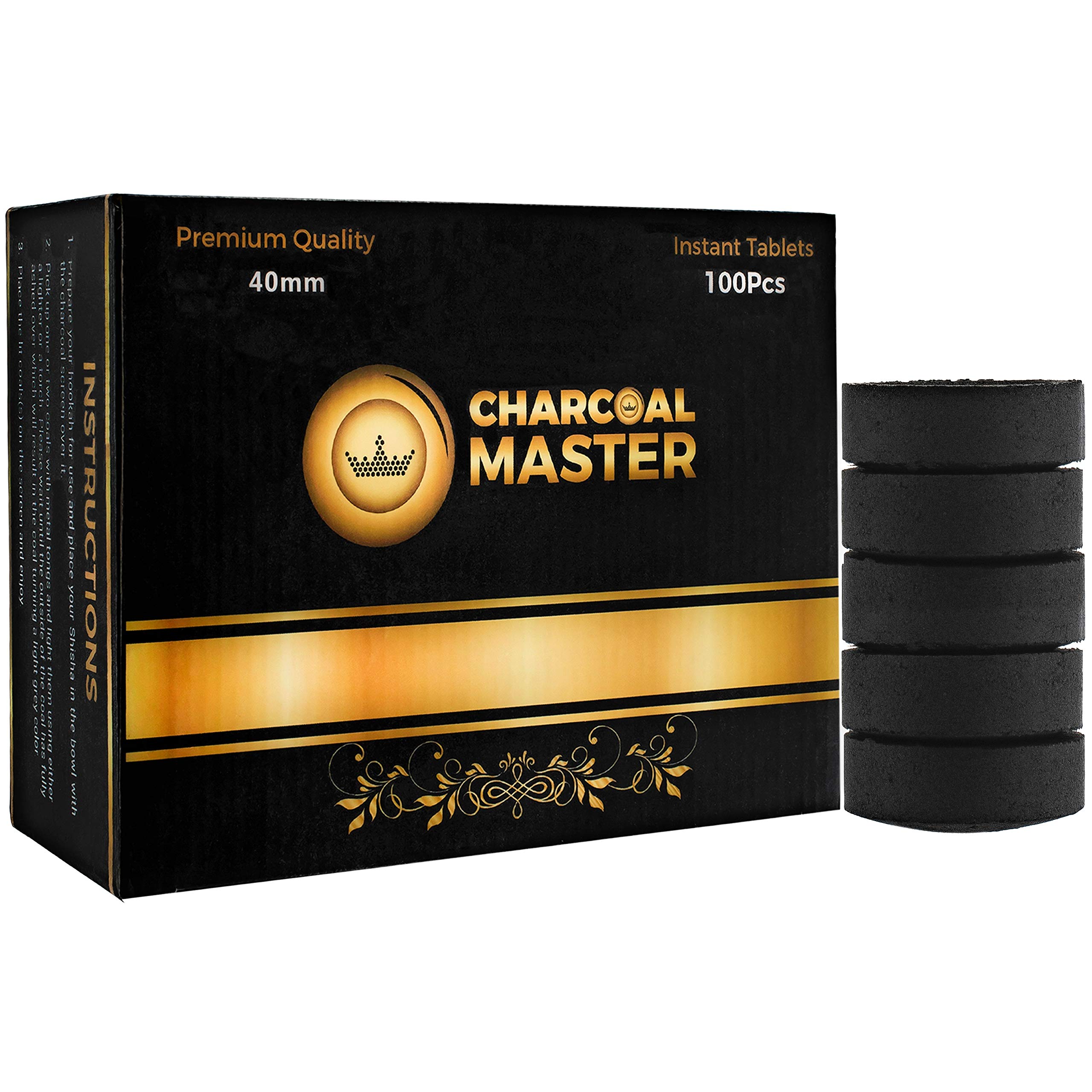 Instant Light Charcoal Disks - 100 Pack of 40mm Quick Lighting Coal Briquettes for Hookah, Incense & BBQ - Slow Burning Low Smoke Natural Charcoal Tablets - Perfect for Home Use, Outdoor Cooking & Relaxation