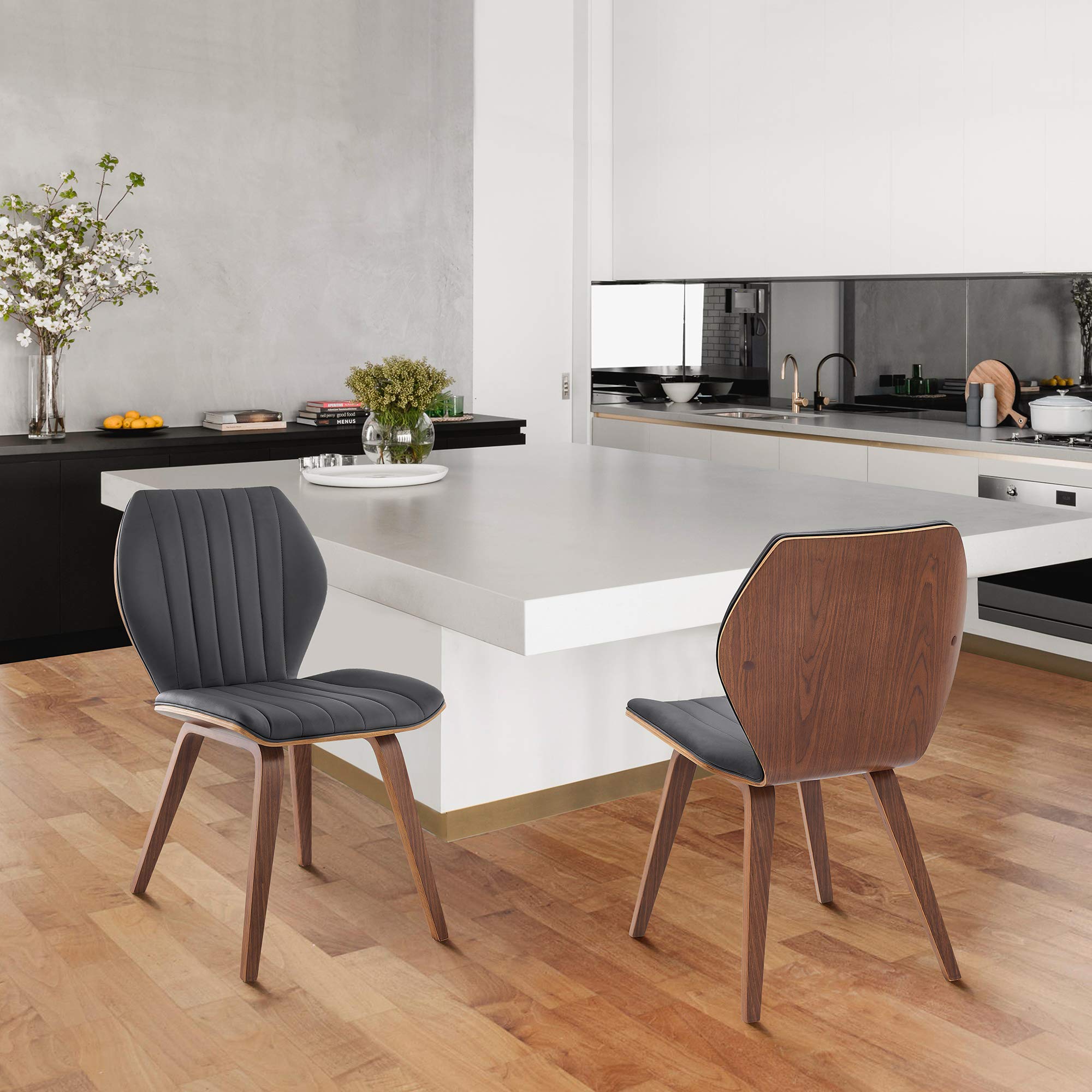 Armen Living Ontario Faux Leather and Wood Dining Chairs Set of 2 - 19 Inch Seat Height, Grey Walnut - Modern Kitchen & Dining Room Furniture for Home Decor