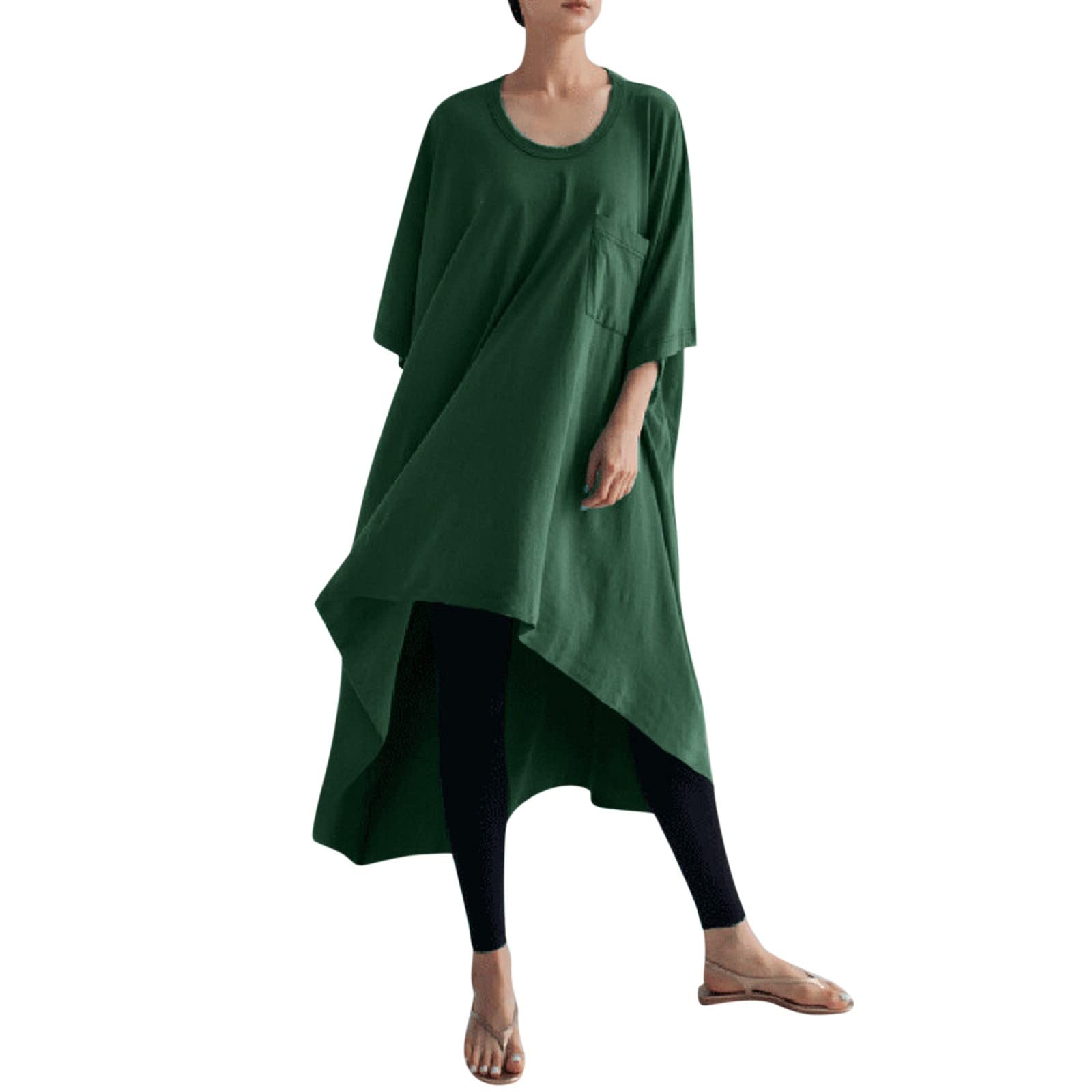 Women's Casual Solid Color Crew Neck Irregular Hem Half Sleeve Pocket Blouse Long Tunic Top - Perfect for Office Wear, Daily Outfits & Summer Fashion