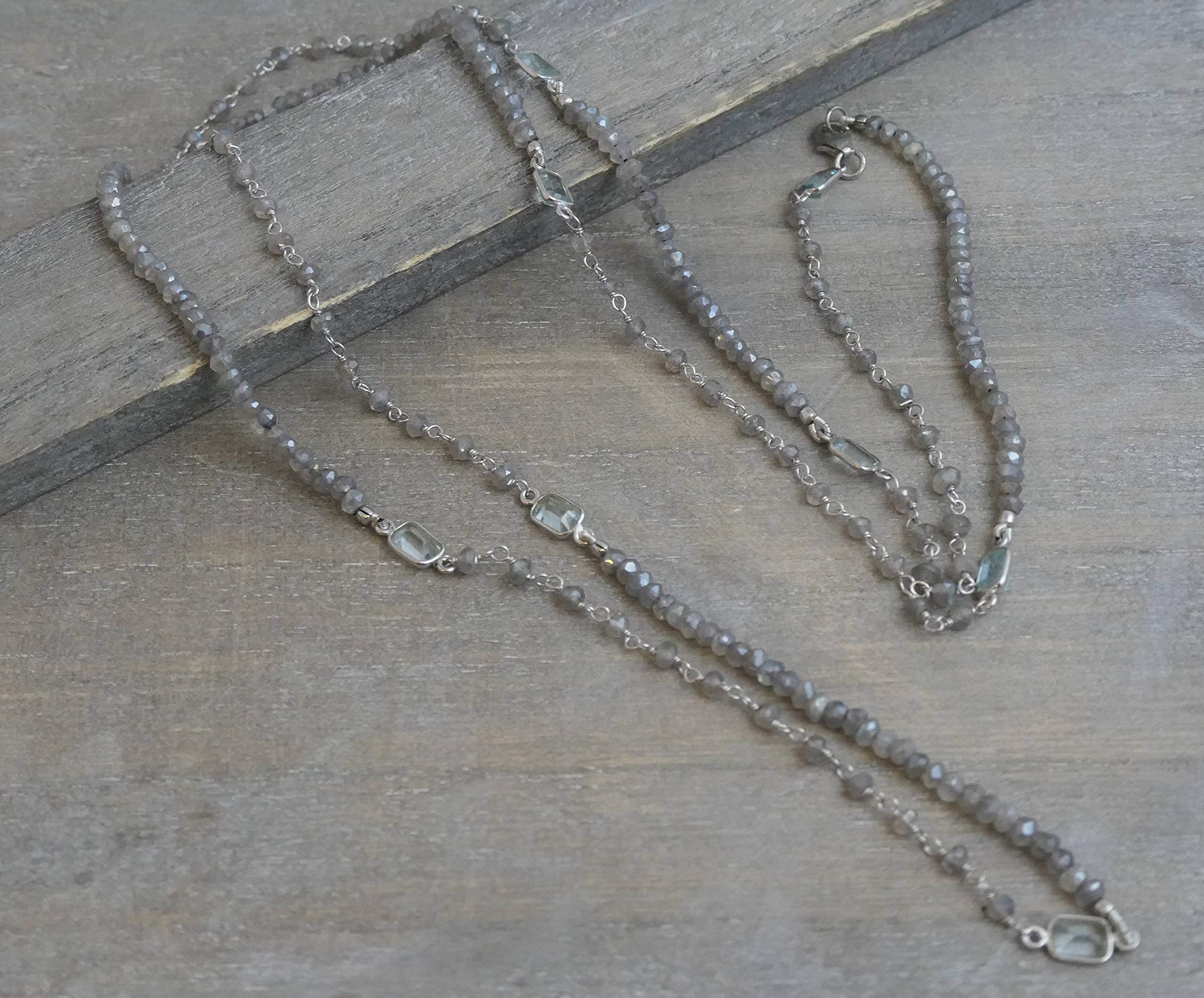 Labradorite & Blue Topaz Sterling Silver Necklace 103cm - Natural Gemstone Jewelry for Women - Handmade Birthday, Valentine's & Mother's Day Gift - Elegant Everyday Wear & Special Occasion Accessory