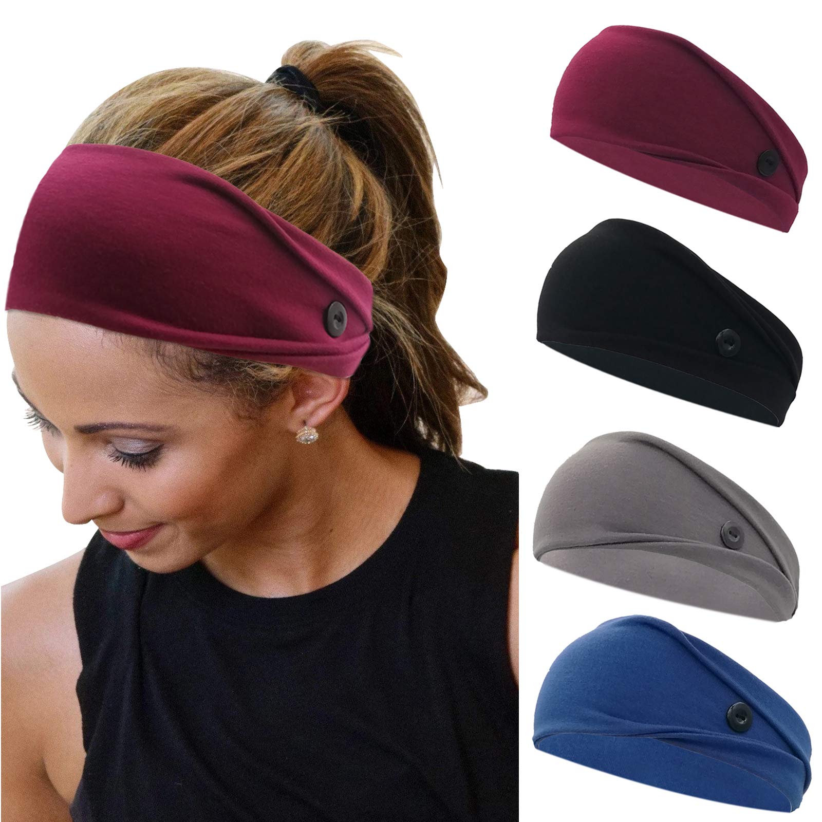 Non-Slip Button Headbands for Women - 4 Pack Elastic Yoga Hair Bands for Nurses & Doctors | Perfect for Workouts, Medical Shifts & Daily Use