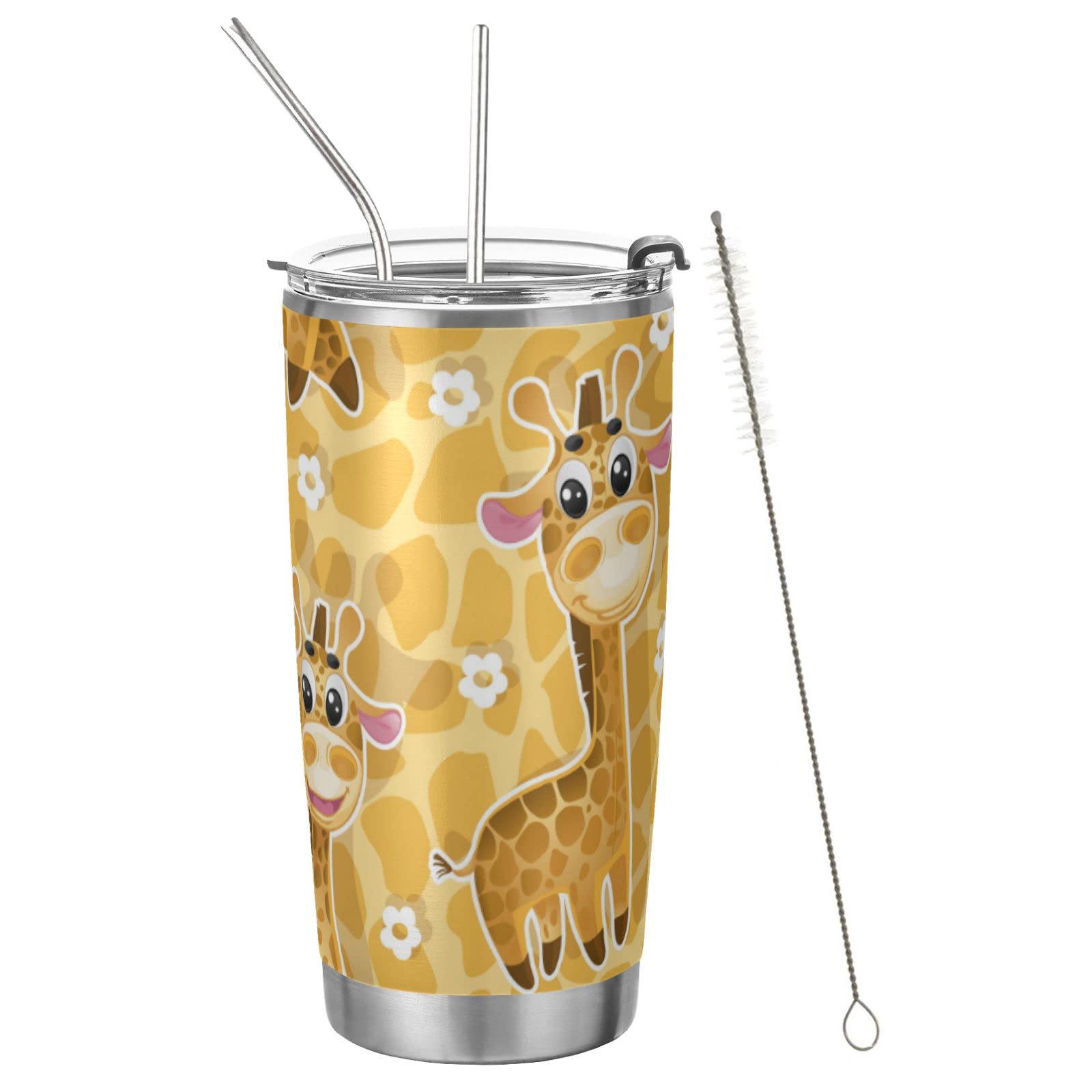 Cute Giraffe & White Flowers 20 oz Stainless Steel Vacuum Insulated Tumbler with Lid & Straw - Leakproof Travel Mug for Coffee, Tea & Water - Perfect for Office, Gym, Hiking & Outdoor Activities