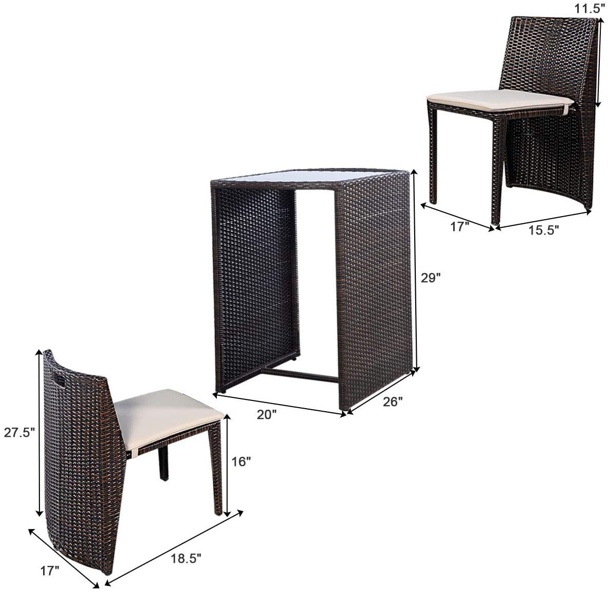 Casart 3-Piece Wicker Patio Set with Glass Top Coffee Table & 2 Chairs - Outdoor Dining Furniture for Lawn, Garden, Balcony, Poolside & Backyard Relaxation