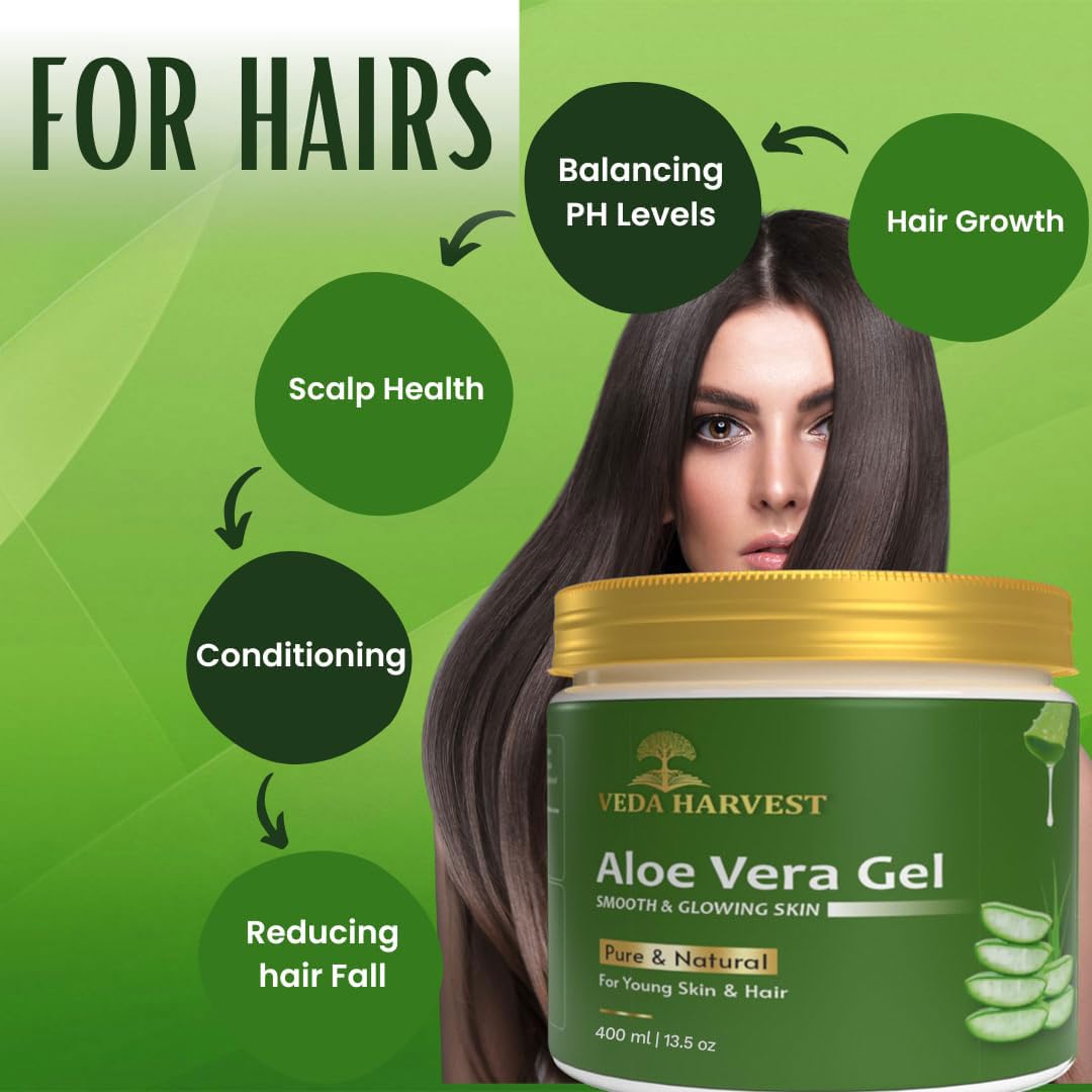 Veda Harvest Aloe Vera Gel Moisturizer 400ml - Organic Skin & Hair Care for Oily Skin, Anti-Aging, Hydration & Dandruff Treatment | Soothing Multipurpose Gel for Face, Body & Scalp | Eco-Friendly Glass Jar | Perfect for Daily Skincare & Hair Growth Routine