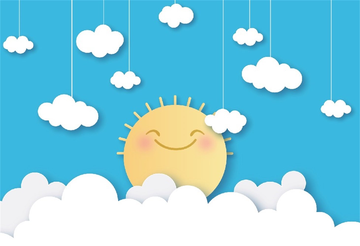 Laeacco 5x3ft Vinyl Baby Photo Backdrop - Cartoon Smiling Sun & Clouds on Blue Sky for Newborn Photography, Birthday Parties, Cake Smash & Kids Room Decor | Durable Waterproof Background for Professional & Home Photo Shoots