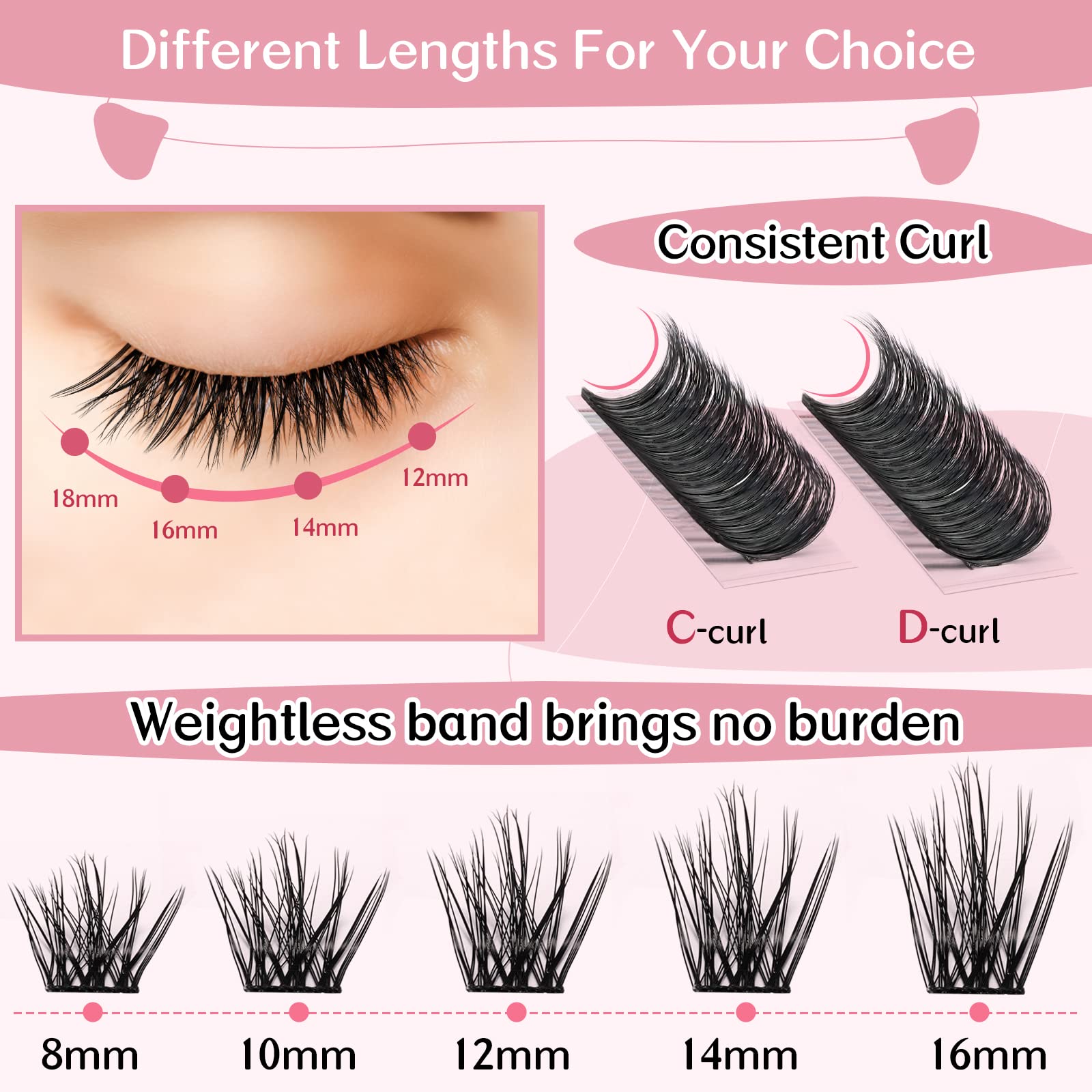 72 Pcs Cluster Lashes for DIY Eyelash Extensions - Manga Style Individual Lashes with Thin Band (D-14mm, Attraction) - Easy to Apply at Home for Natural & Dramatic Looks - Perfect for Parties, Weddings & Daily Wear