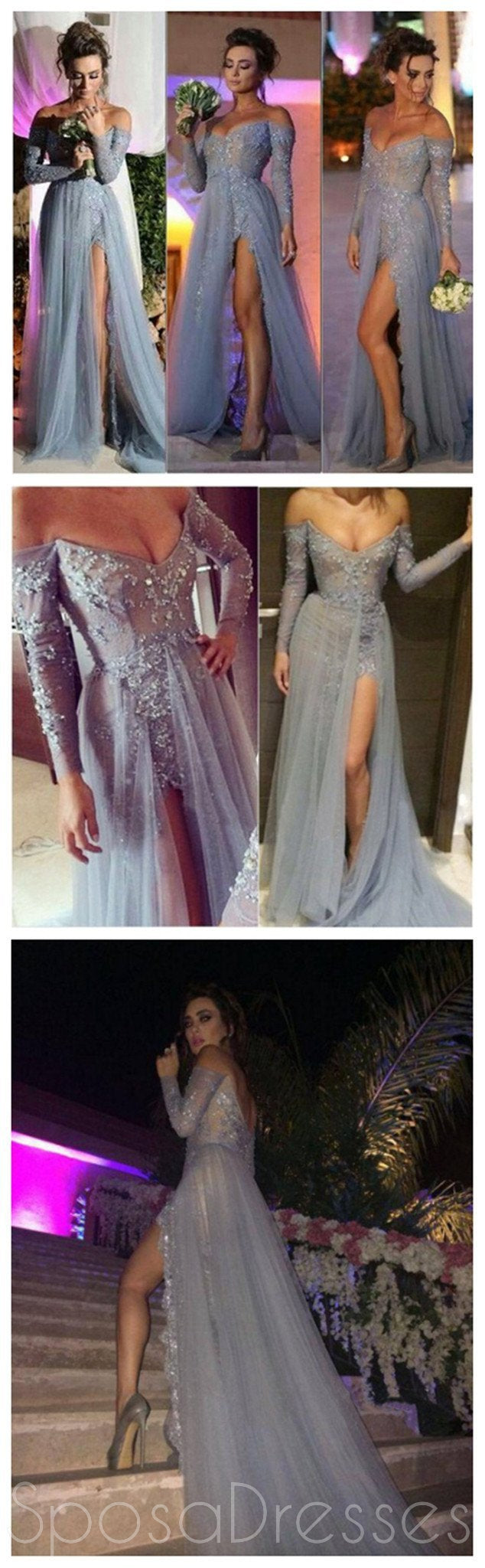 Elegant Long Gray Lace Prom Dress with Off-Shoulder V-Neck & Side Slit - Sexy Evening Gown for Homecoming, Formal Dances & Special Occasions - PD0021