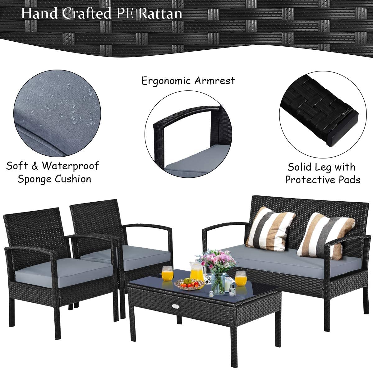 Hysache 4-Piece Outdoor Patio Rattan Conversation Set with Coffee Table & Padded Cushions - Wicker Furniture for Garden, Lawn, Courtyard, Balcony - Perfect for Relaxing, Entertaining & Outdoor Dining
