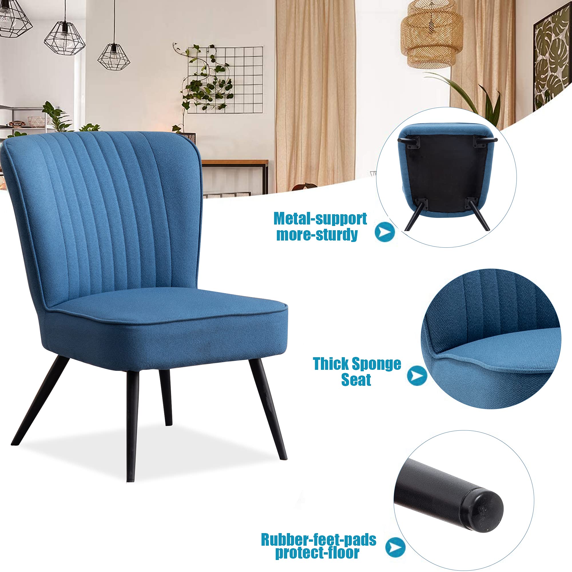 Annjoe Armless Accent Chair - Set of 2 Upholstered Slipper Chairs with Metal Legs for Living Room, Dining Room, Kitchen, Office, Bistro & Cafe - Stylish Blue Home Decor for Small Spaces & Cozy Corners