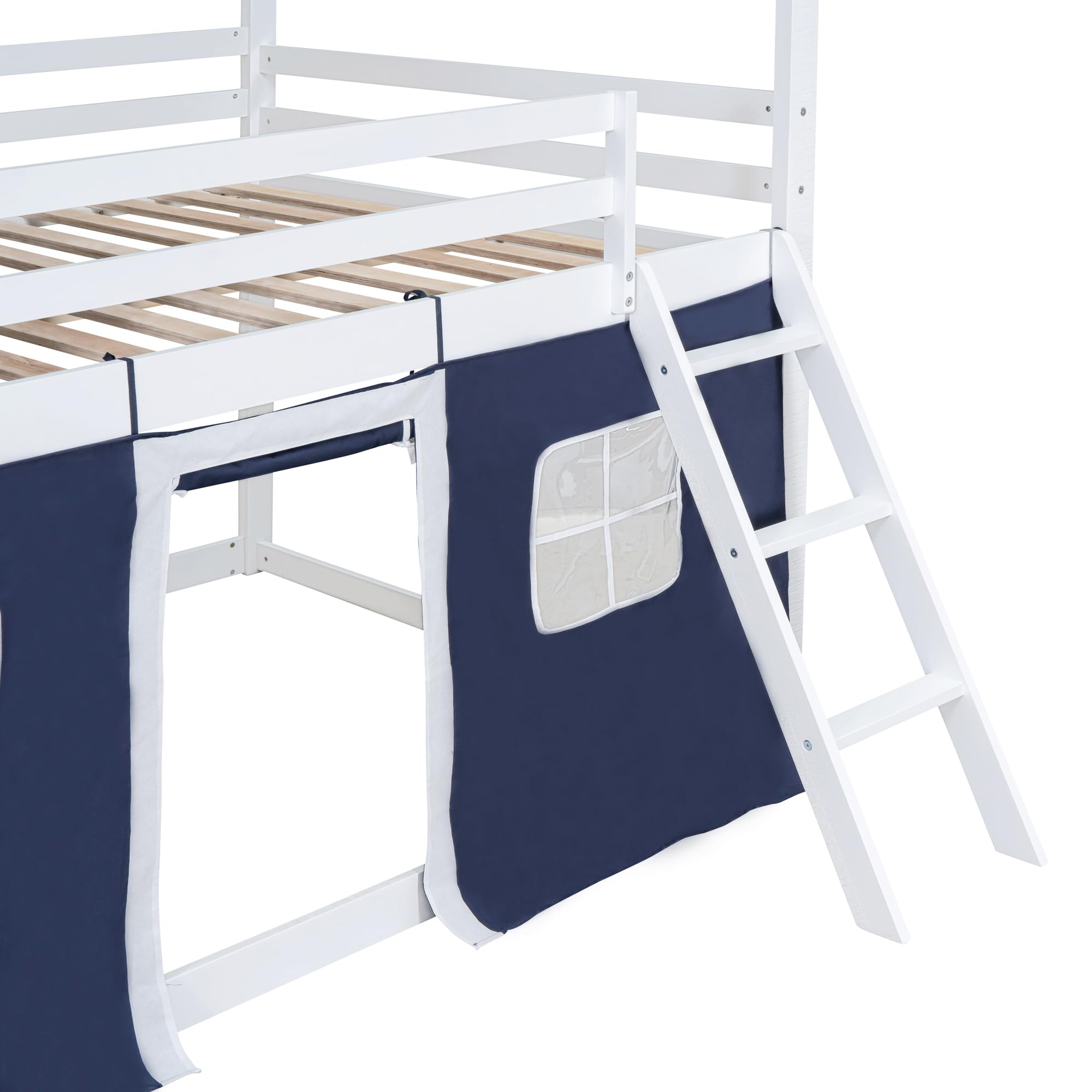 SOFTSEA Twin Over Twin House Bunk Bed for Kids with Tent, Slide Ladder & Guardrails - Wooden Loft Bed Frame with Windows - Blue Playhouse Bunk Bed for Boys & Girls | Perfect for Small Bedrooms, Shared Kids' Rooms & Play Areas