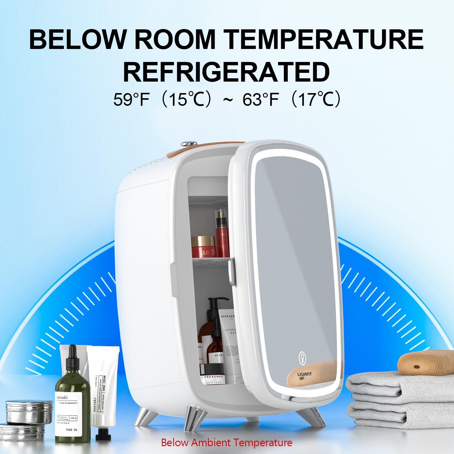 Mini Skincare Fridge with 3-Level Dimmable LED Mirror - 6L Large Capacity, Quiet Semiconductor Cooling Beauty Fridge for Cosmetics, Perfumes & Medications - Perfect for Bedroom, Office, Travel & Salon Use