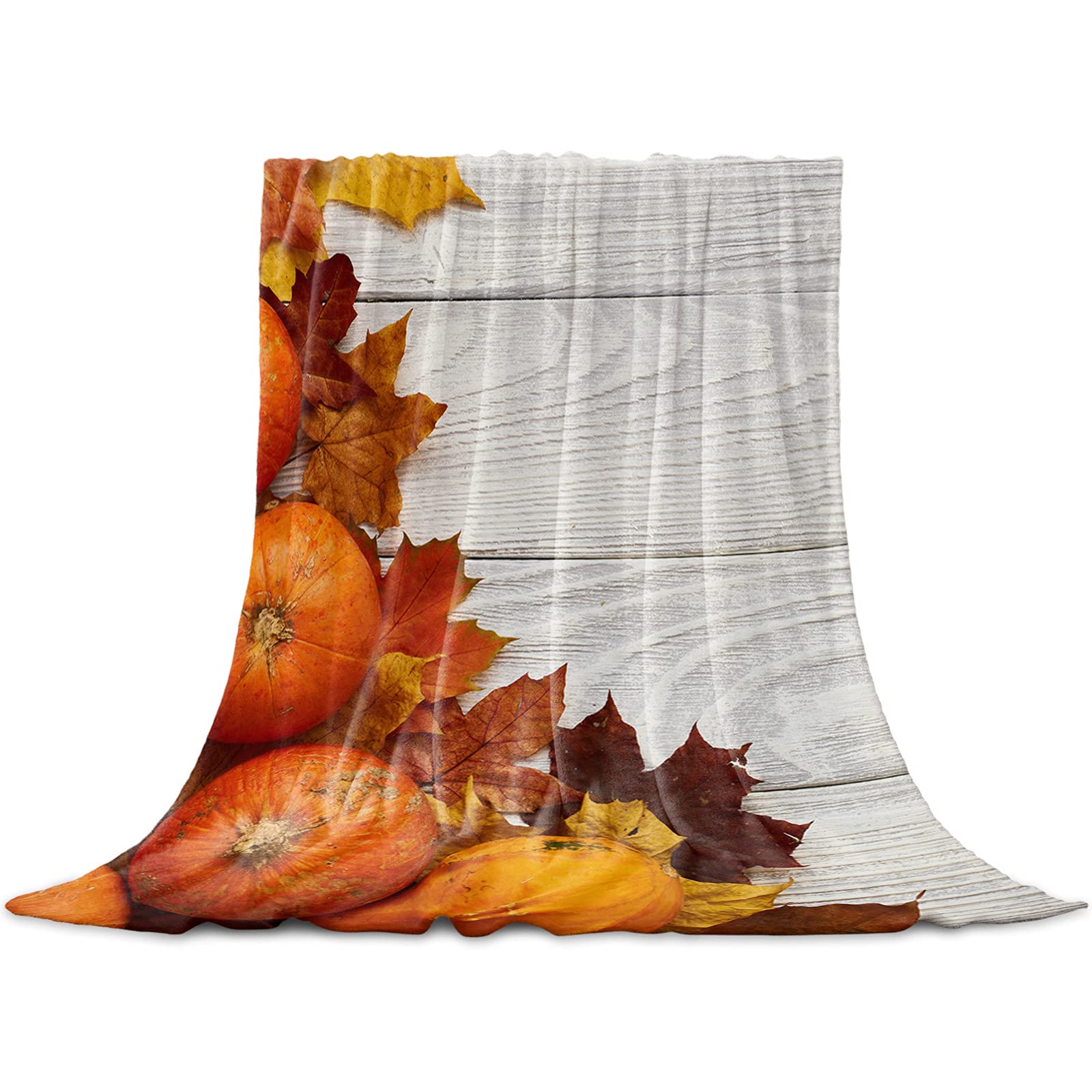 Thanksgiving Pumpkin Autumn Leaf Throw Blankets - Soft Flannel Fleece Microfiber Blanket - Retro Wood Board Stripes Warm Bed Throw for Sofa, Couch, Bedroom & Camping (60x80 inches) - Perfect for Fall Decor, Cozy Evenings & Holiday Gifting