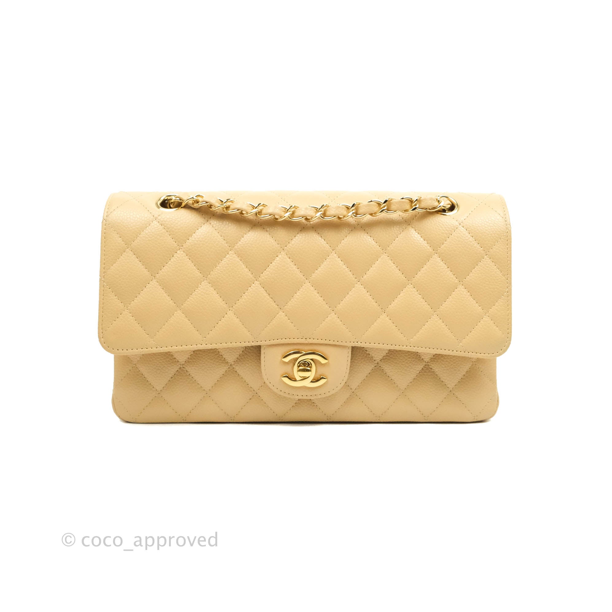 Chanel Classic Medium Flap Bag in Beige Quilted Caviar Leather with Gold Hardware - Perfect for Work, Evening Events & Luxury Fashion Accessories