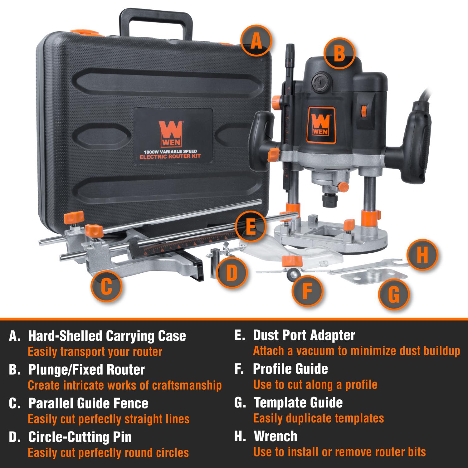 WEN RT6033 15 Amp Variable Speed Plunge Router Kit with Carrying Case & Edge Guide - Professional Woodworking Tool for Cabinet Making, Furniture Building & DIY Projects