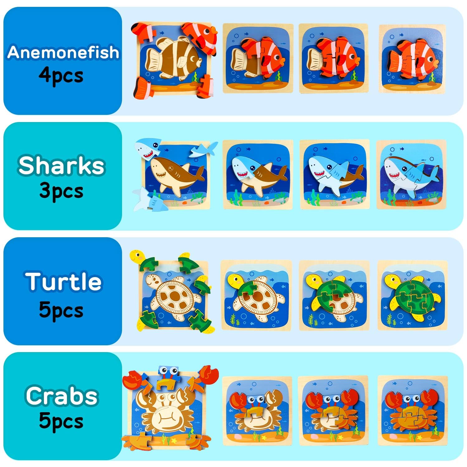 TOY Life 4-Piece Wooden Toddler Puzzles - Ocean Animals Learning Toys for 1 2 3 Year Old Boys & Girls | Montessori STEM Educational Toys for Preschoolers Ages 2-4 | Perfect for Early Childhood Development & Sensory Play
