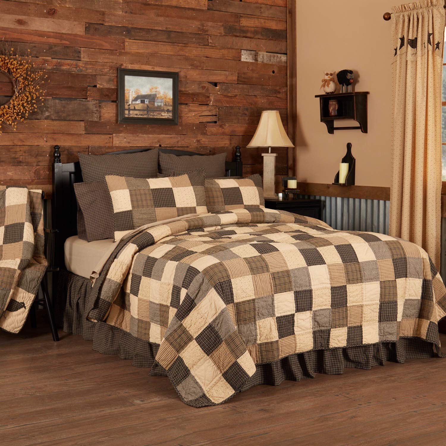 VHC Brands Kettle Grove 3-Piece California King Quilt Set - Primitive Country Patchwork Design in Black & Cream | Farmhouse Bedding for Cozy Bedroom Decor