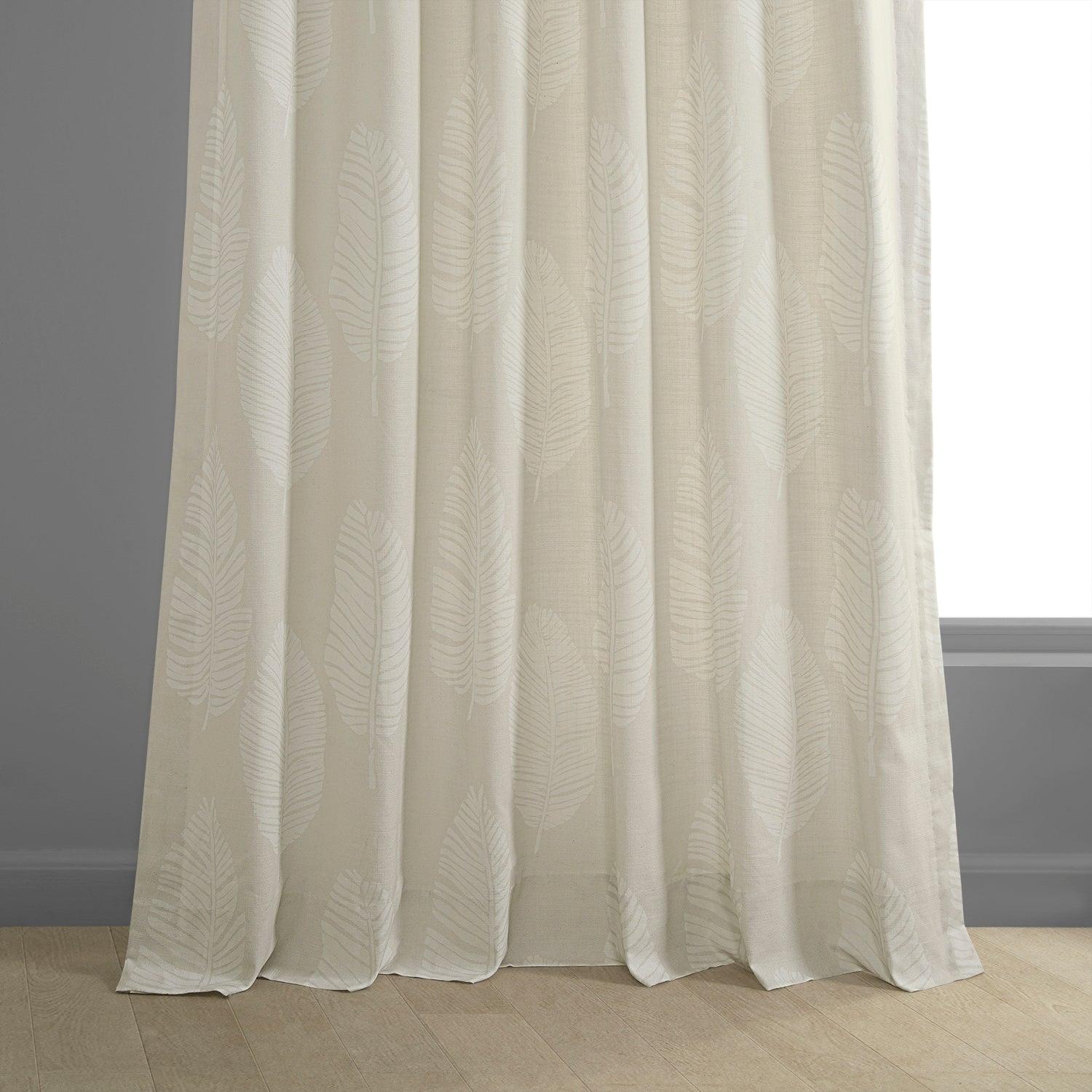 White Floral Printed Cotton Curtains - Textured Leaflet Design for Living Room & Bedroom Window Decor
