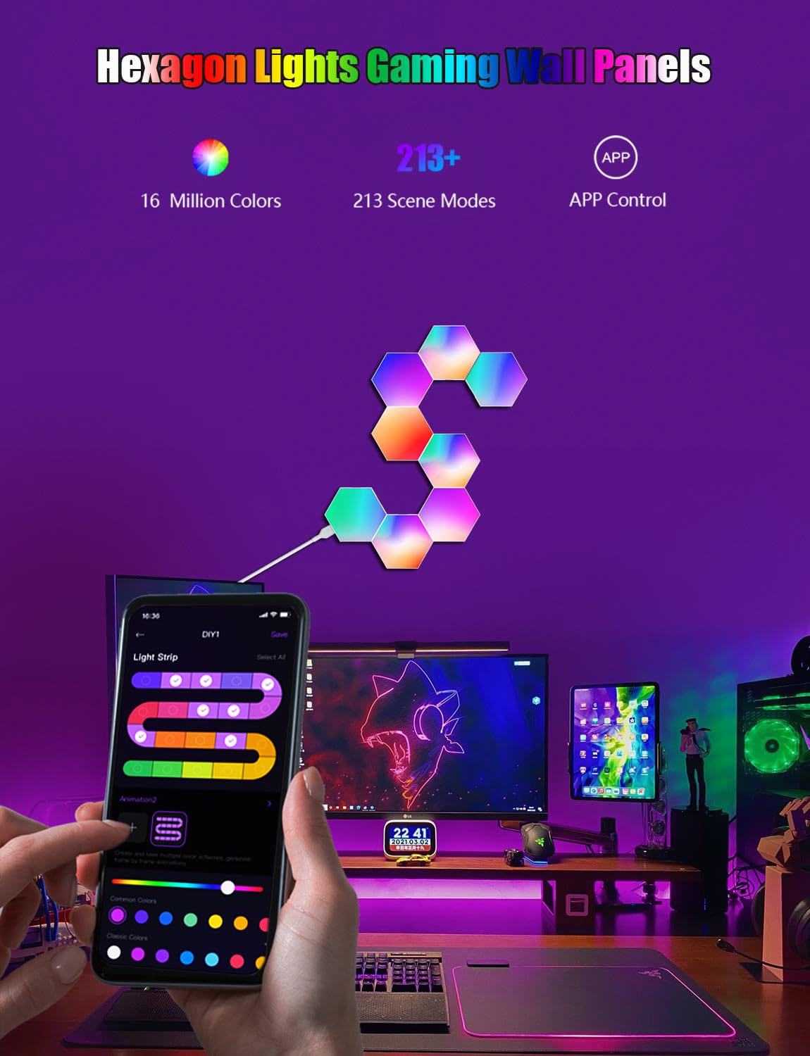 Selfila Music Sync DIY Hexagon Lights - Smart RGB Wall Light with App & Remote Control, Hexagonal Modular Gaming LED Panels for Bedroom, Kids Room Decor (8 Pack) - Perfect for Gaming Setups, Party Lighting & Home Decoration
