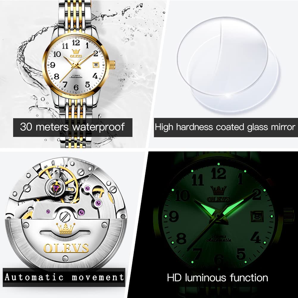 OLEVS Women's Automatic Watch - Small Face Diamond Accented Self-Winding Dress Watch, Waterproof Luxury Ladies Watch for Business, Party & Everyday Wear