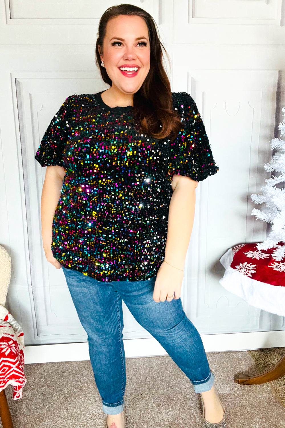 Black Velvet Multicolor Sequin Puff Sleeve Top for Women | Holiday Party & Christmas Outfit | Perfect for Festive Gatherings, NYE Celebrations & Special Occasions