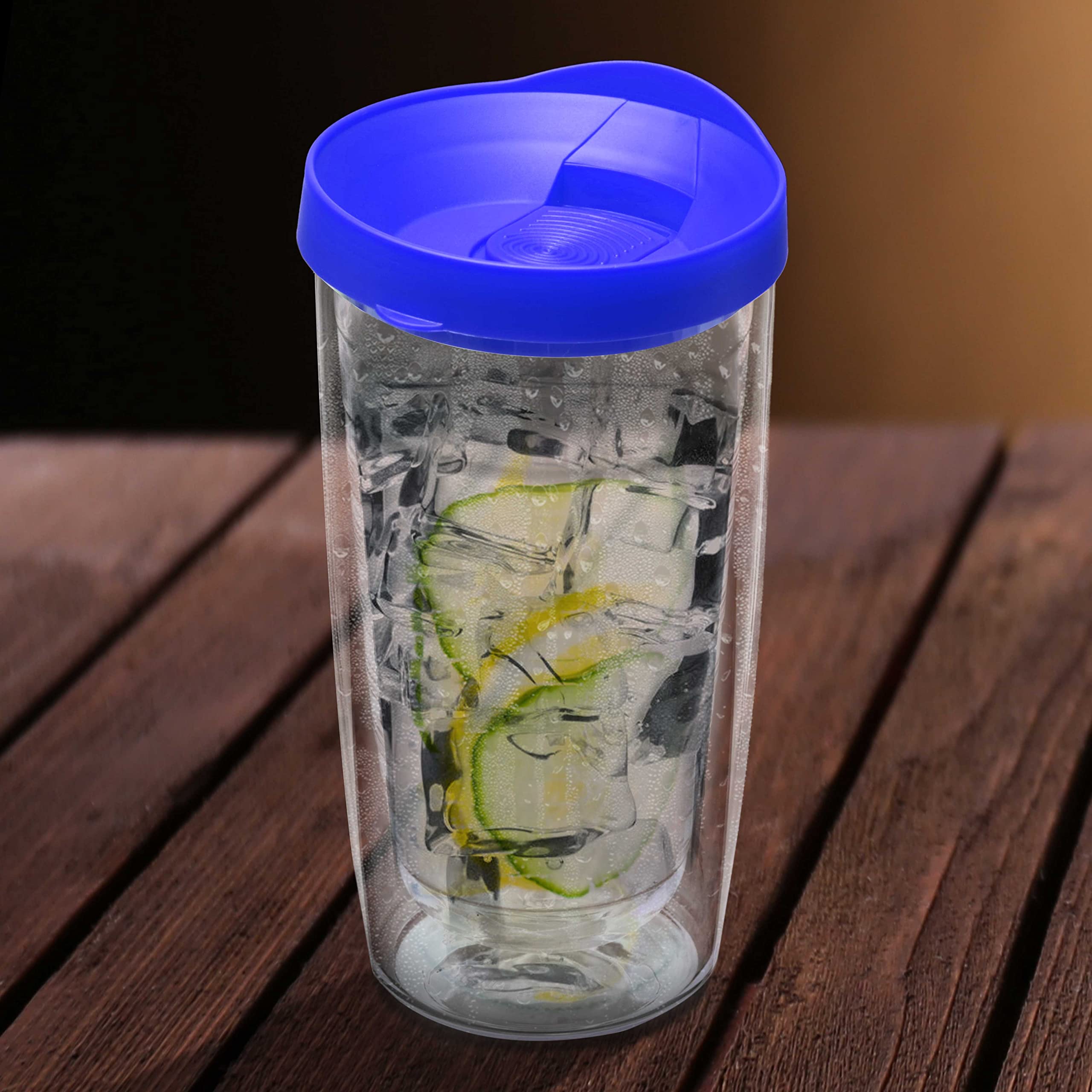 14 oz Double Wall Plastic Tumblers with Slide-Lock Lid - 6 Pack Insulated Travel Coffee Cups for Hot & Cold Drinks - BPA Free Reusable Tumblers for Office, Camping, Road Trips & Outdoor Activities - Blue