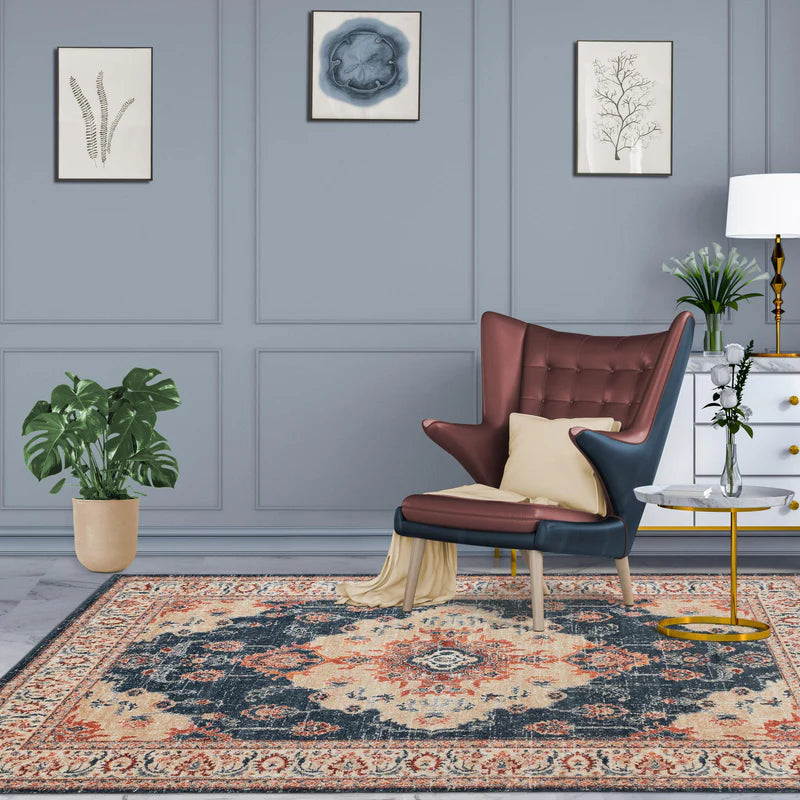 Octavia Oriental Medallion Indoor Area Rug - Traditional Persian Design Non-Slip Living Room Carpet for Home Decor