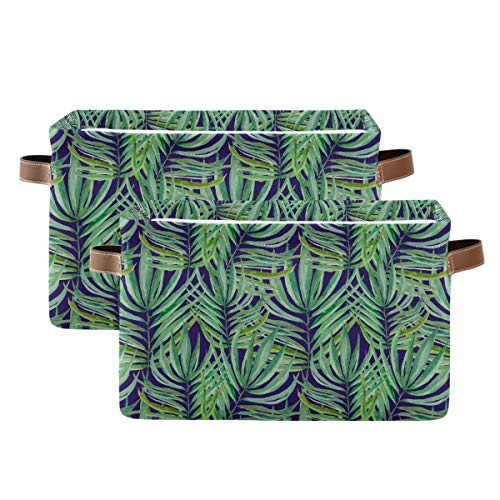 2-Pack Collapsible Canvas Storage Baskets - Rectangle Leaf Design Toy Organizer for Kids Room, Baby Hamper & Home Storage | Foldable Fabric Bin for Toys, Clothes & Nursery Organization