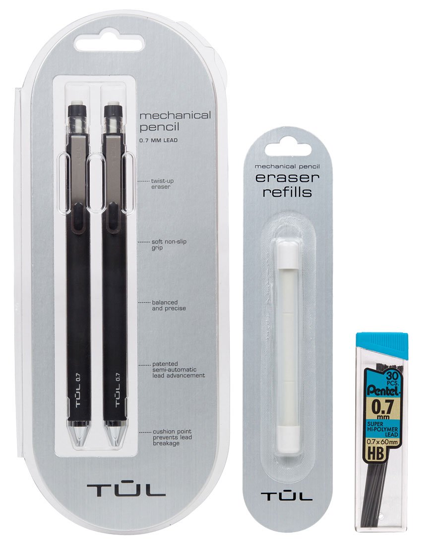 TUL 0.7mm Mechanical Pencils with Eraser & Lead Refills - 2 Pencils, 3 Erasers & 30 Leads Value Pack for School, Office & Sketching