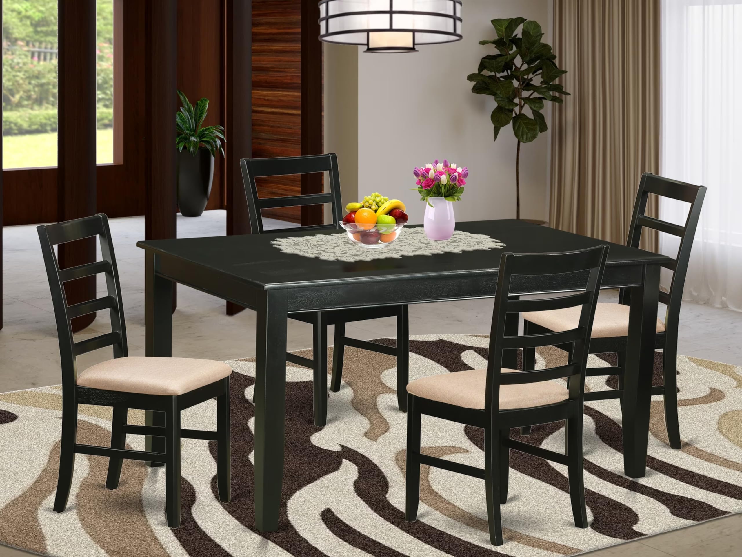 East West Furniture 5-Piece Black Dining Set with 36x60 Inch Rectangle Table & 4 Linen Upholstered Chairs – Modern Kitchen & Dining Room Furniture for Family Gatherings & Dinner Parties