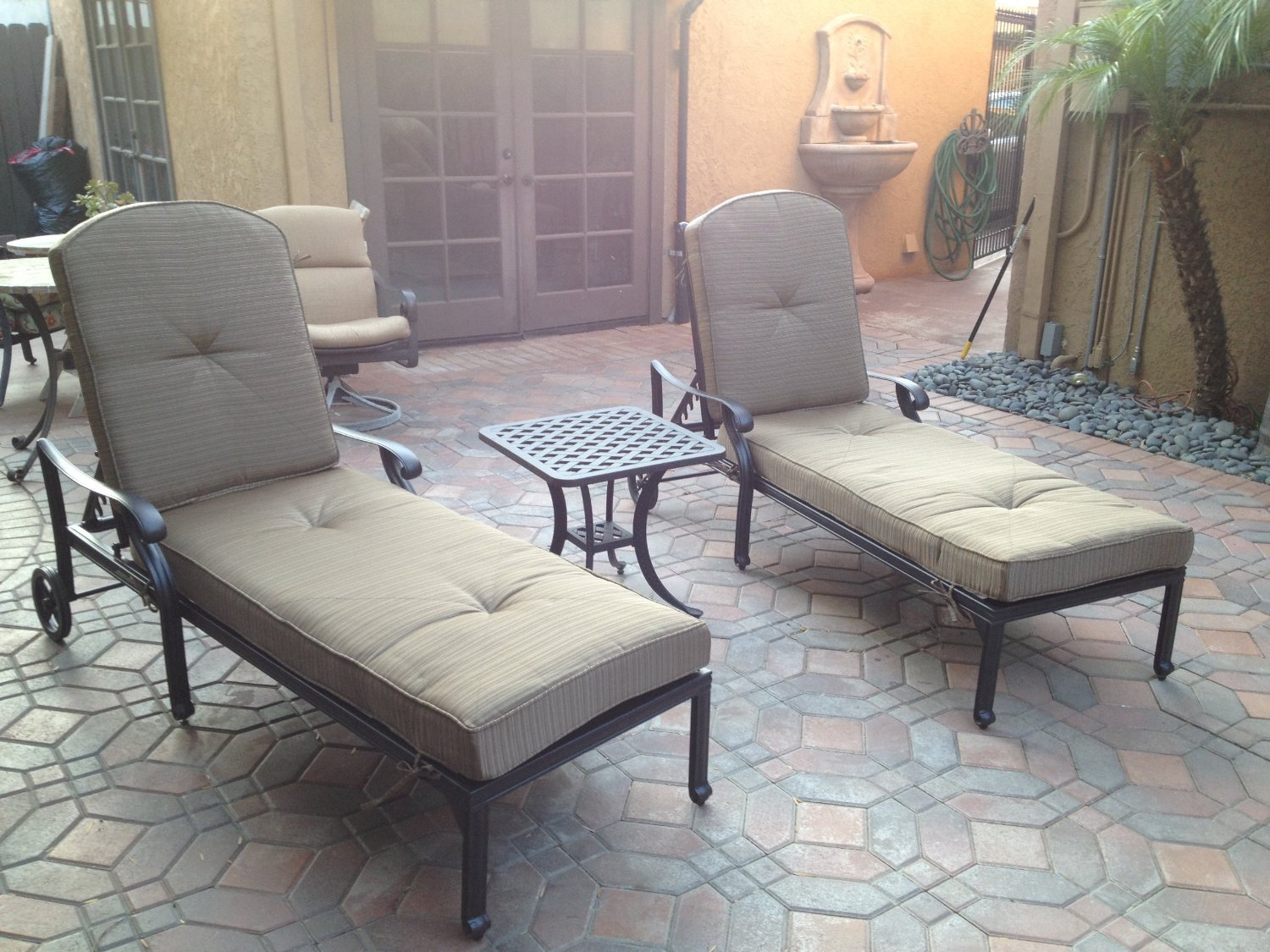 Dark Bronze 3-Piece Cast Aluminum Patio Chaise Lounge Set with Sunbrella Sesame Cushions - Perfect for Poolside, Backyard, and Outdoor Relaxation