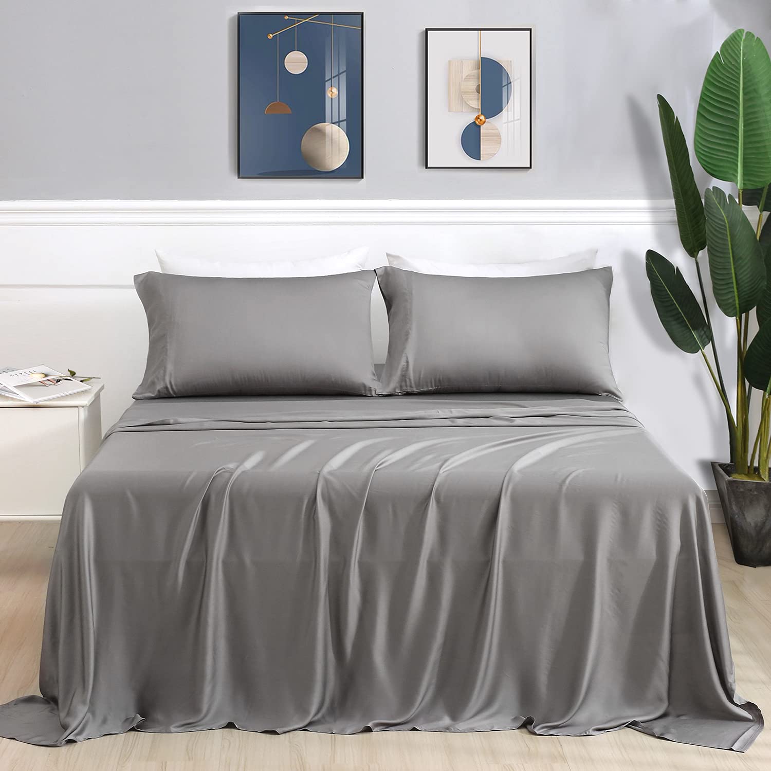 OULISI 100% Organic Bamboo Sheets King Size 4-Piece Set - Cooling, Breathable & Ultra Soft Bed Sheets with Double Stitching & 17
