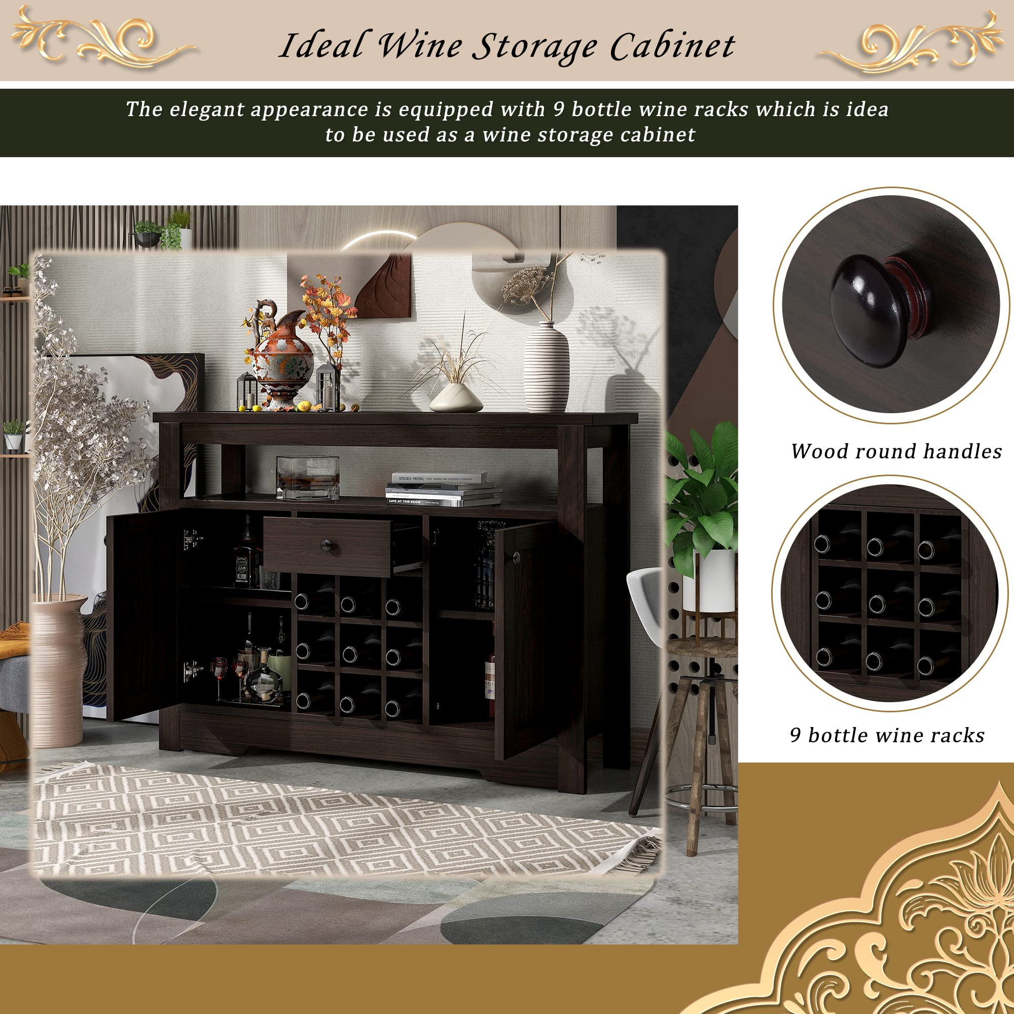 Modern Wood Accent Buffet Sideboard with Double-Tier Tabletop & 9-Bottle Wine Storage Cabinet - Espresso Finish for Entryway, Kitchen, Dining Room & Living Room Decor
