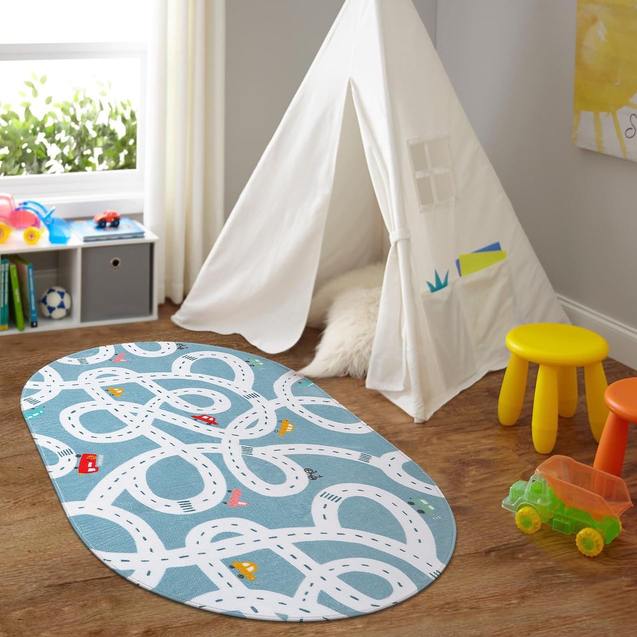 STARUIA Kids Play Rug 3'x5' Non-Slip Washable for Nursery & Playroom - Blue Traffic Carpet for Boys Girls Room & Tent Fun